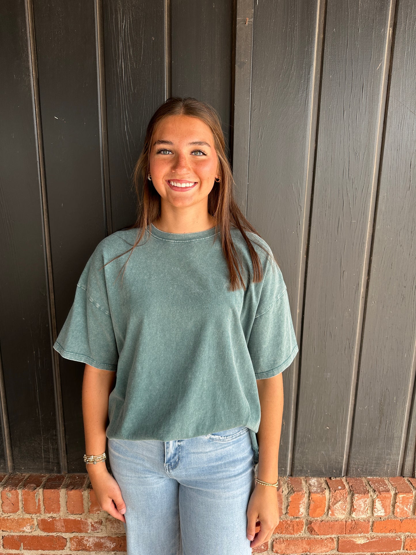 Dark Teal Mineral Wash Oversized Crew Neck T-Shirts