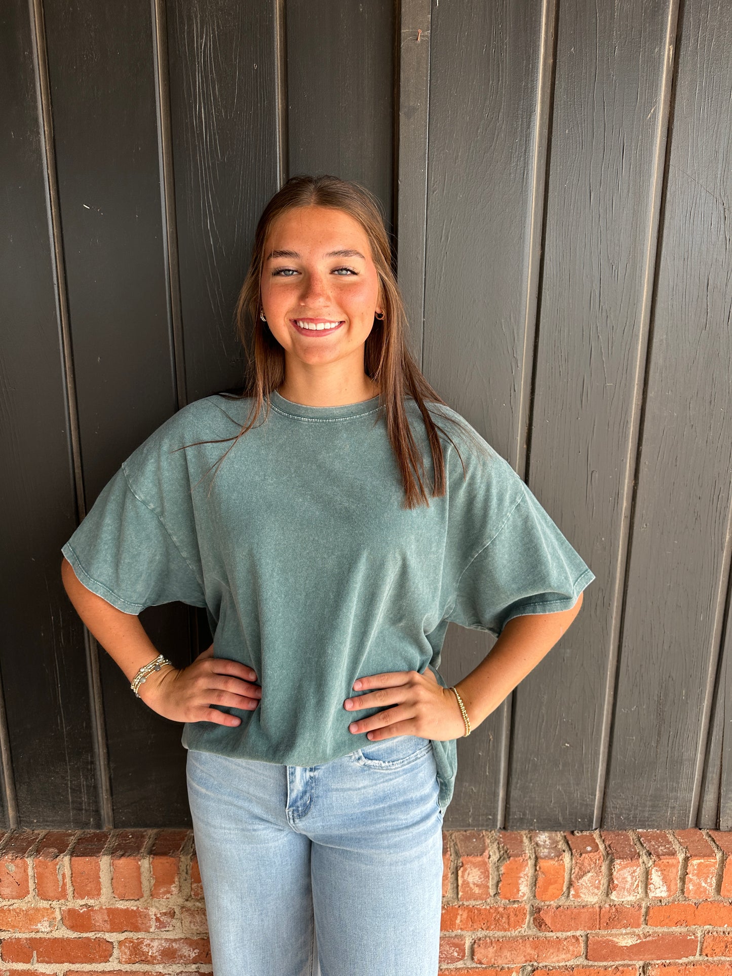 Dark Teal Mineral Wash Oversized Crew Neck T-Shirts