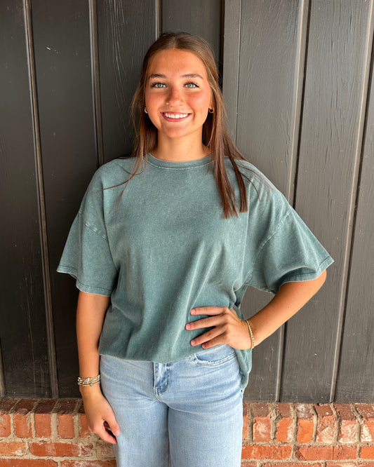 Dark Teal Mineral Wash Oversized Crew Neck T-Shirts