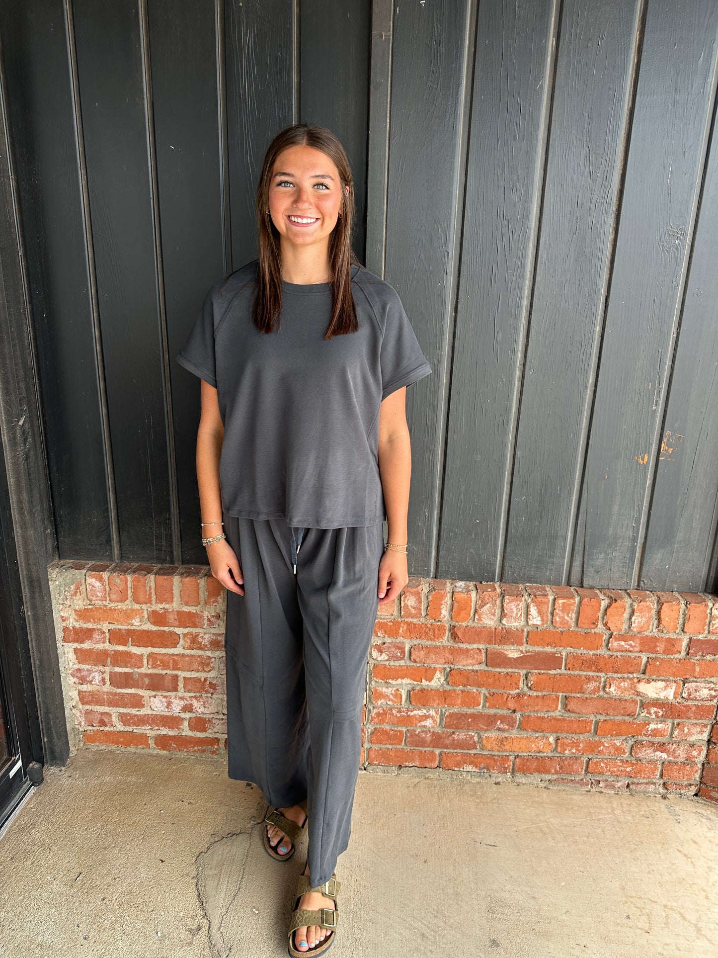 Charcoal Relaxed Crew Neck Raglan Style Short Sleeve Top