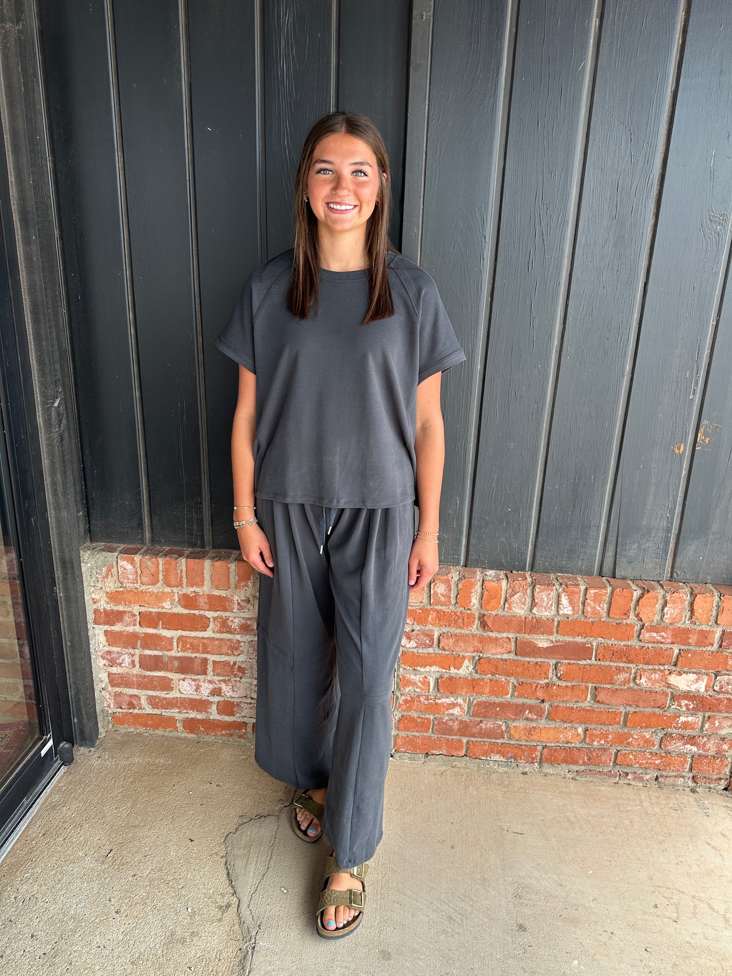 Charcoal Relaxed Crew Neck Raglan Style Short Sleeve Top