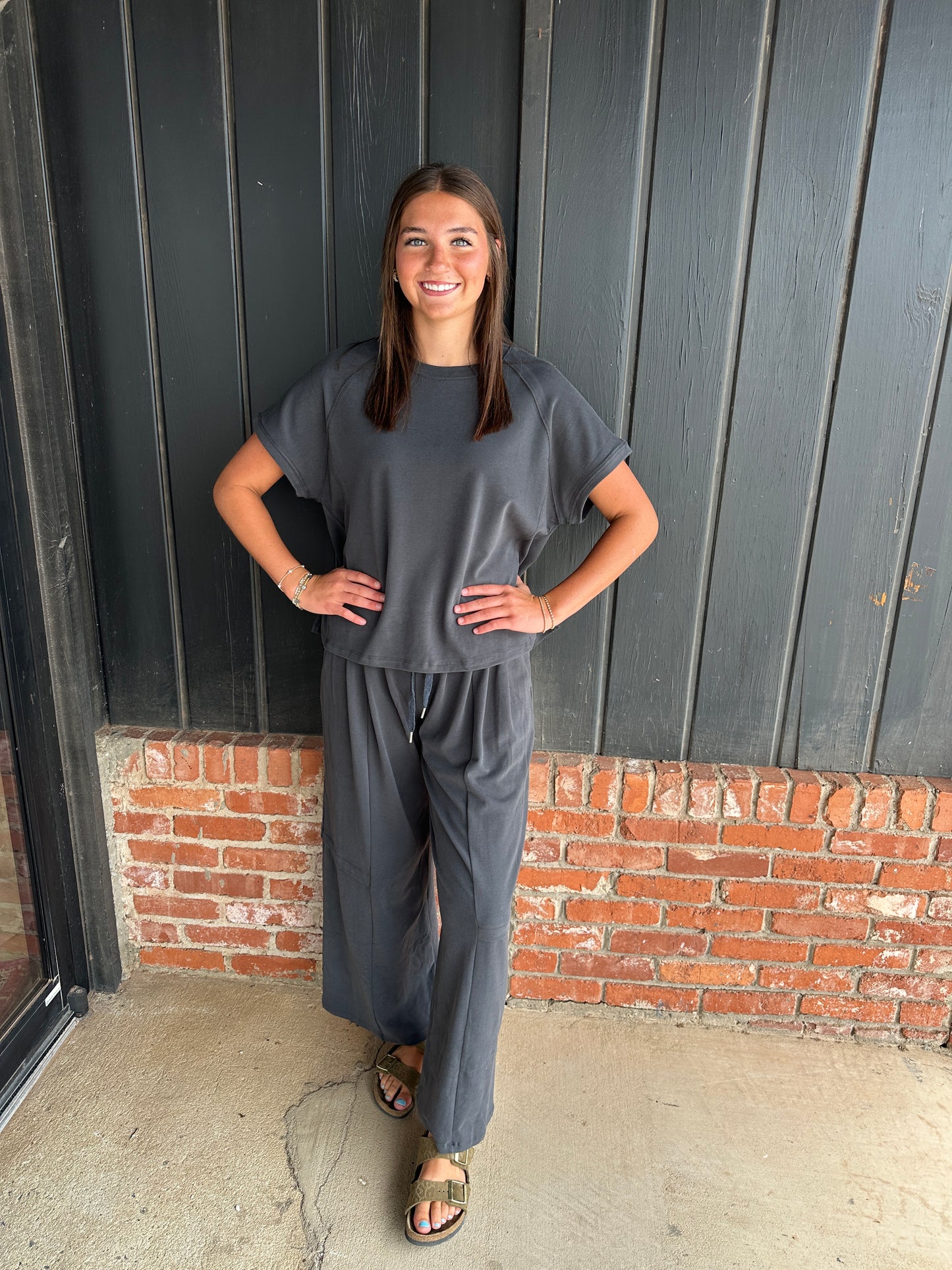 Charcoal Relaxed Crew Neck Raglan Style Short Sleeve Top