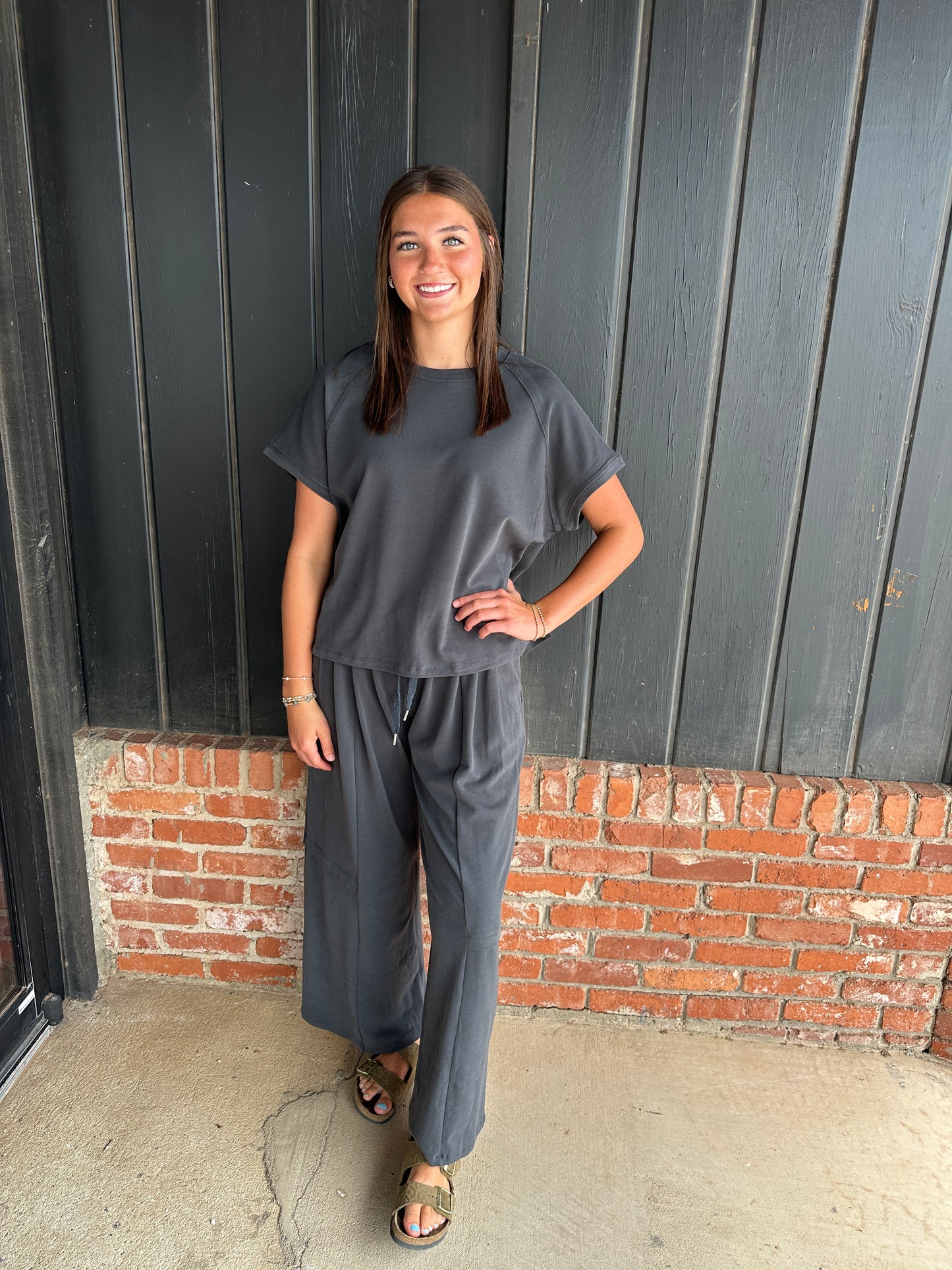 Charcoal Relaxed Crew Neck Raglan Style Short Sleeve Top