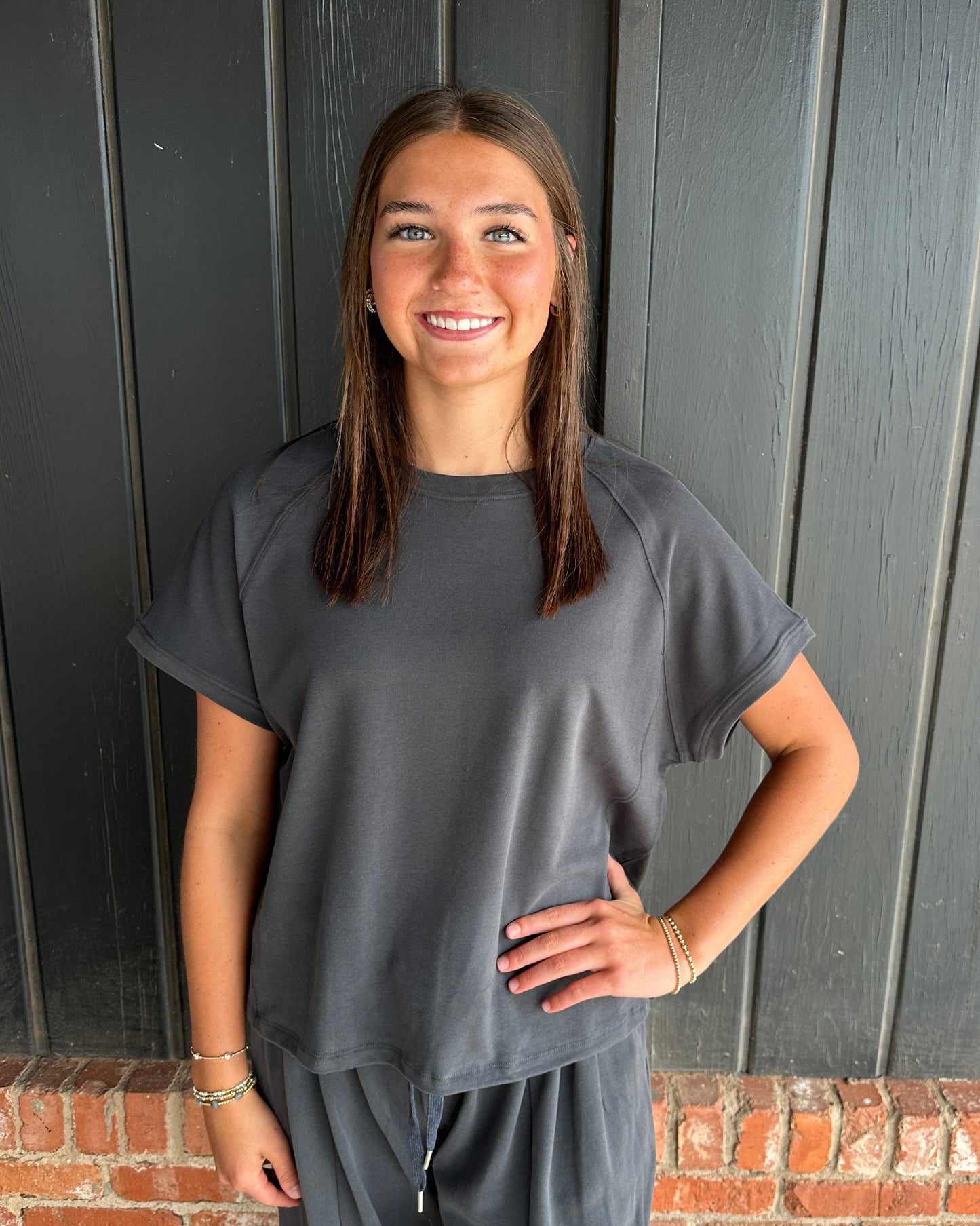 Charcoal Relaxed Crew Neck Raglan Style Short Sleeve Top