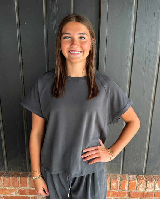Charcoal Relaxed Crew Neck Raglan Style Short Sleeve Top