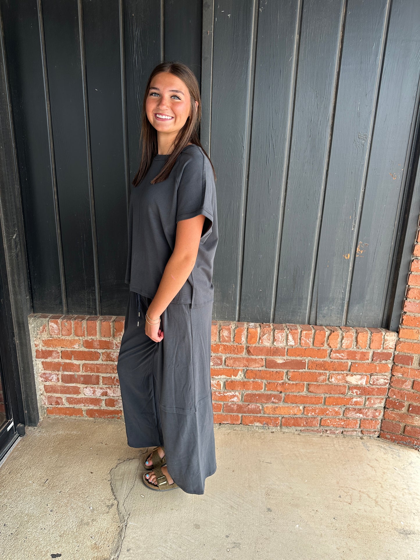 Charcoal Relaxed Crew Neck Raglan Style Short Sleeve Top