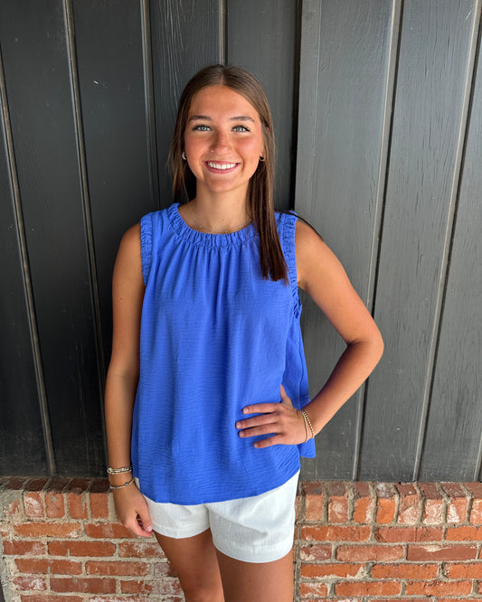 Sapphire Ruffle Neck Sleeveless Top