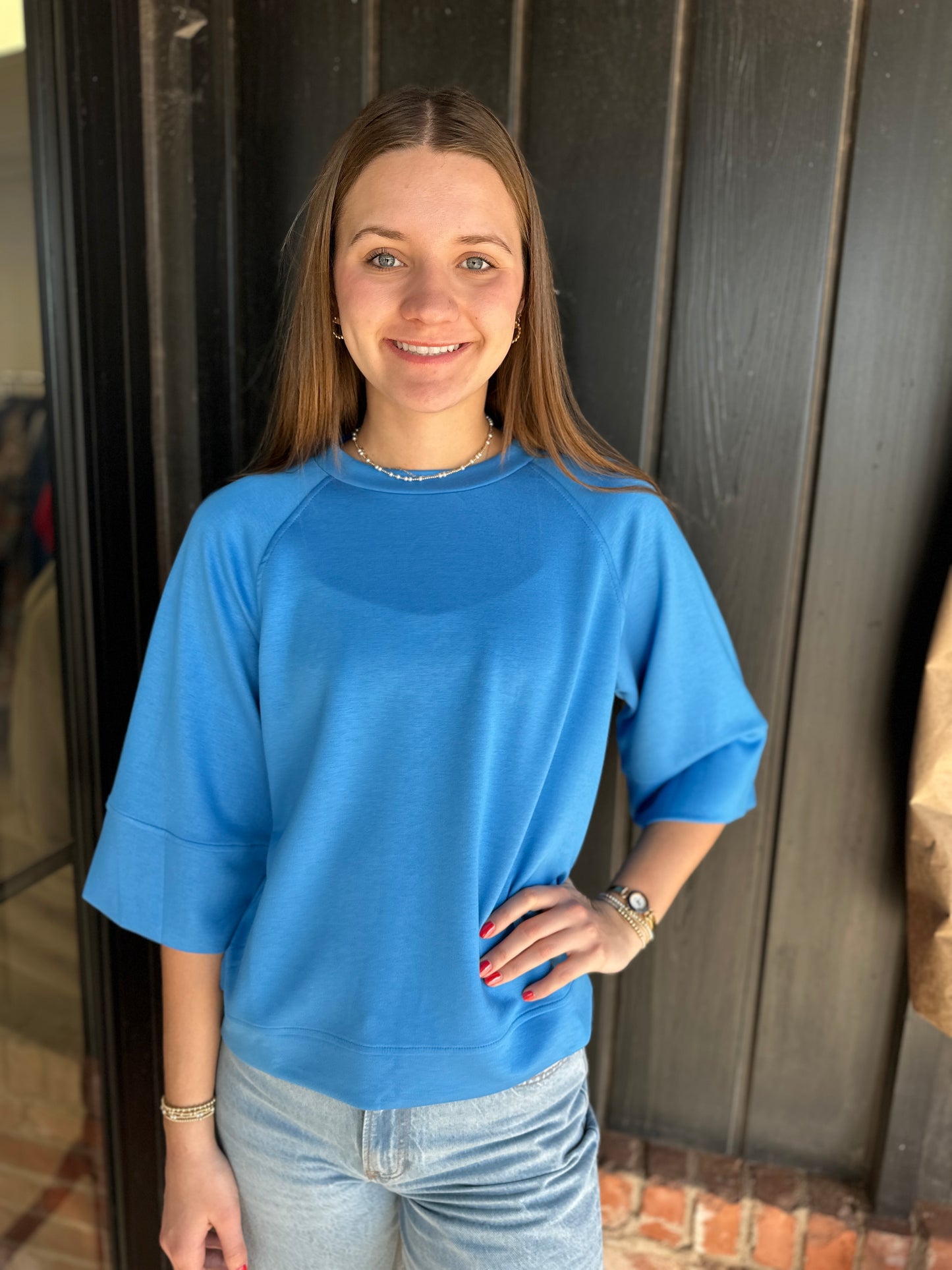 Blue Raglan Short Sleeve  Top