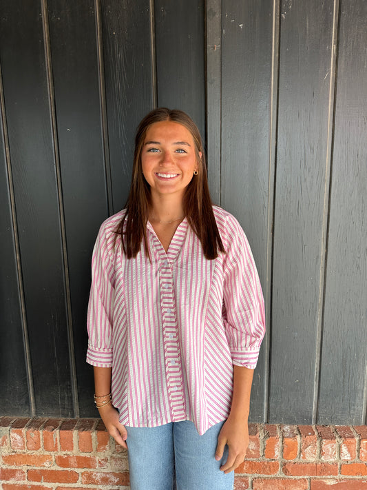 Pink Striped V neck button down top