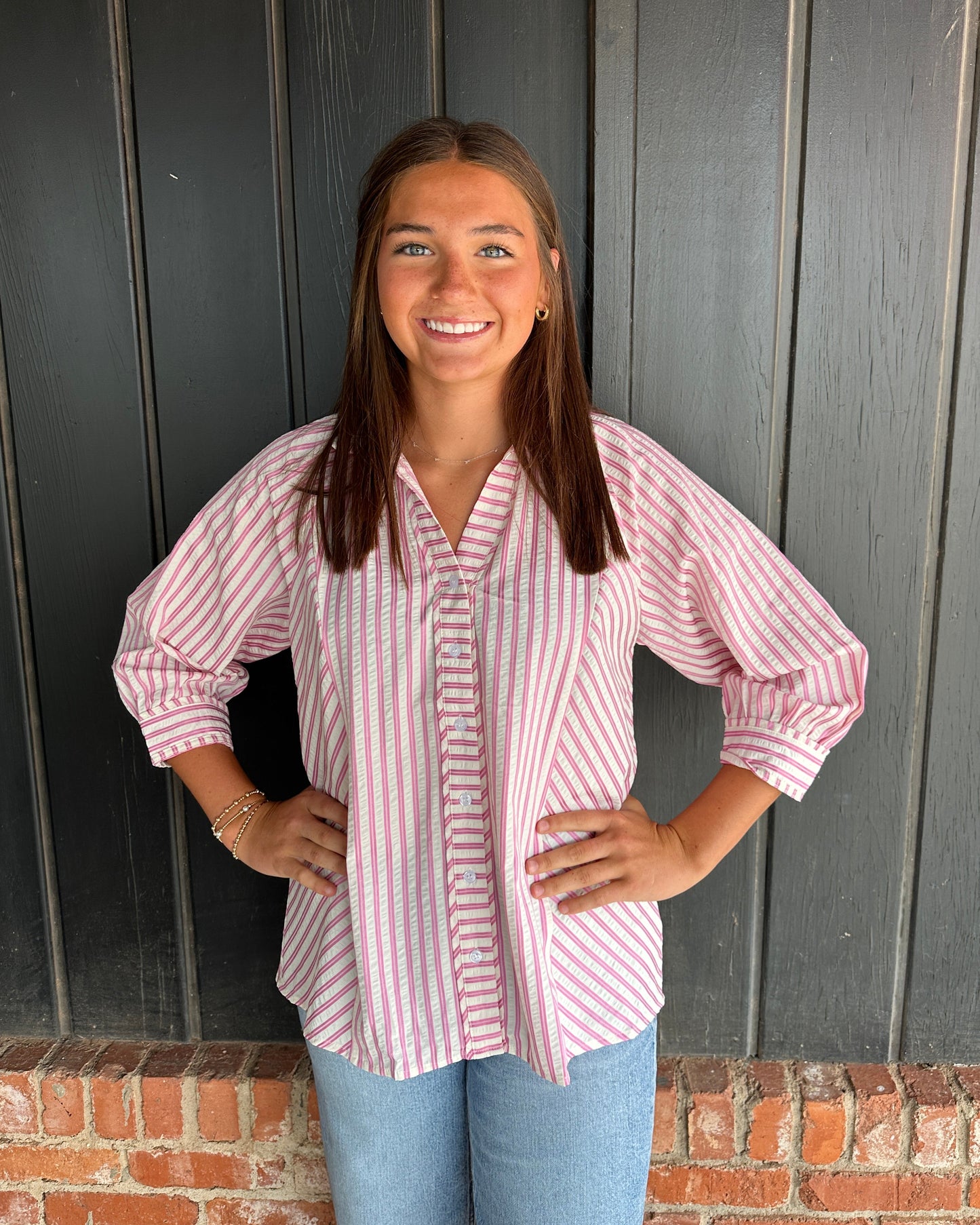 Pink Striped V neck button down top