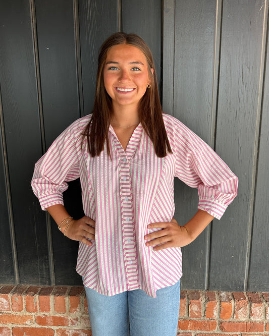 Pink Striped V neck button down top