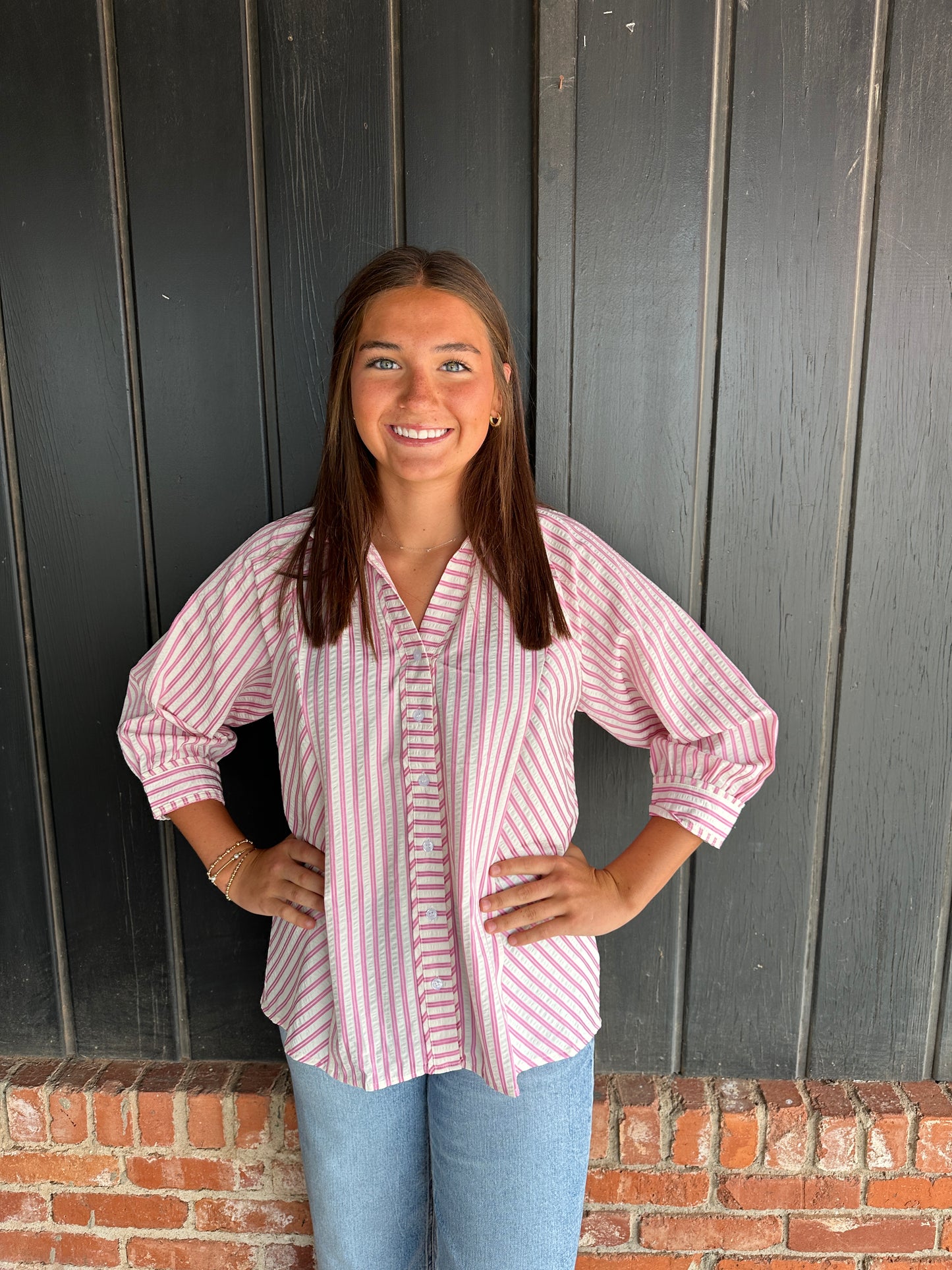 Pink Striped V neck button down top