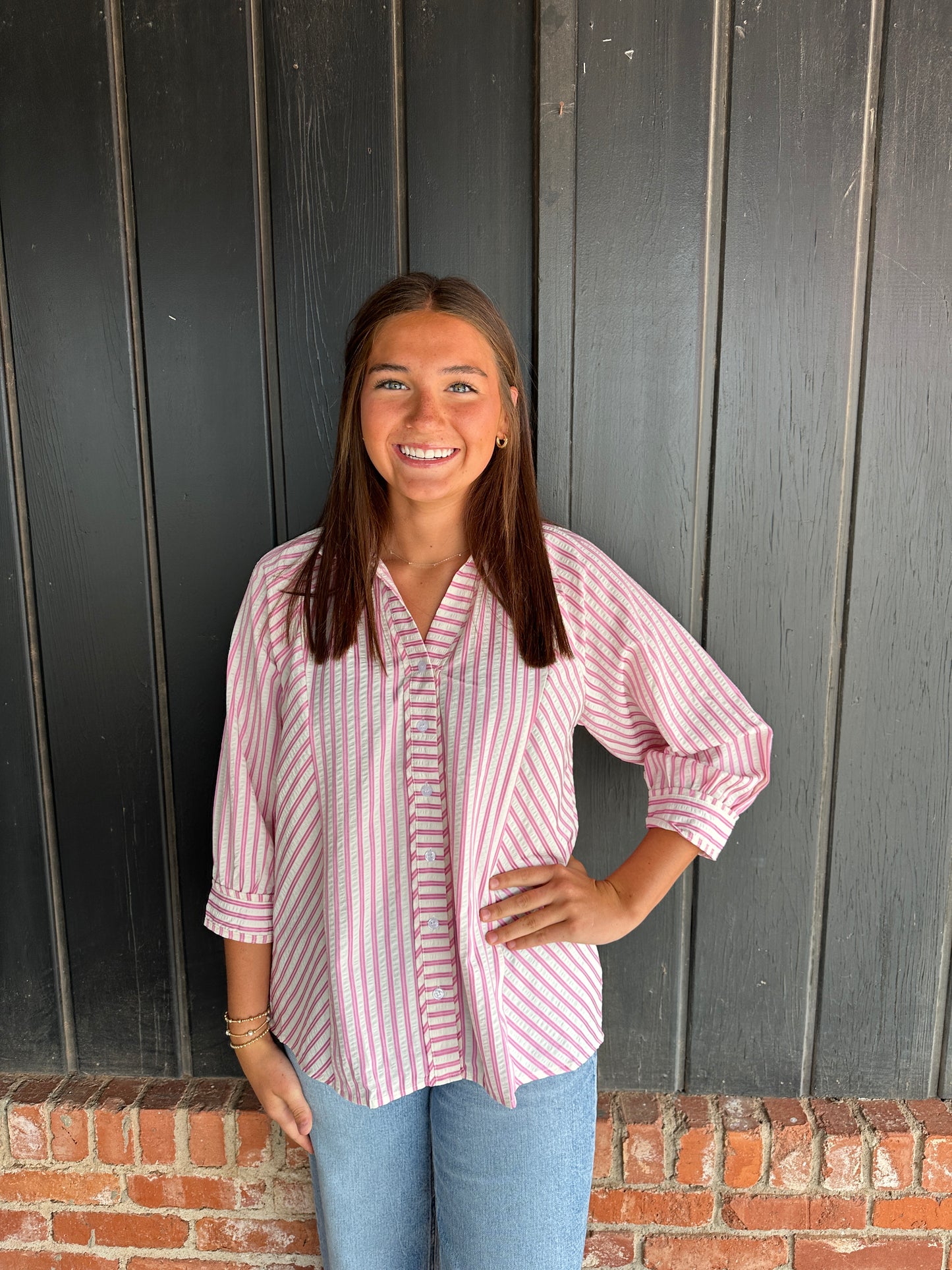 Pink Striped V neck button down top