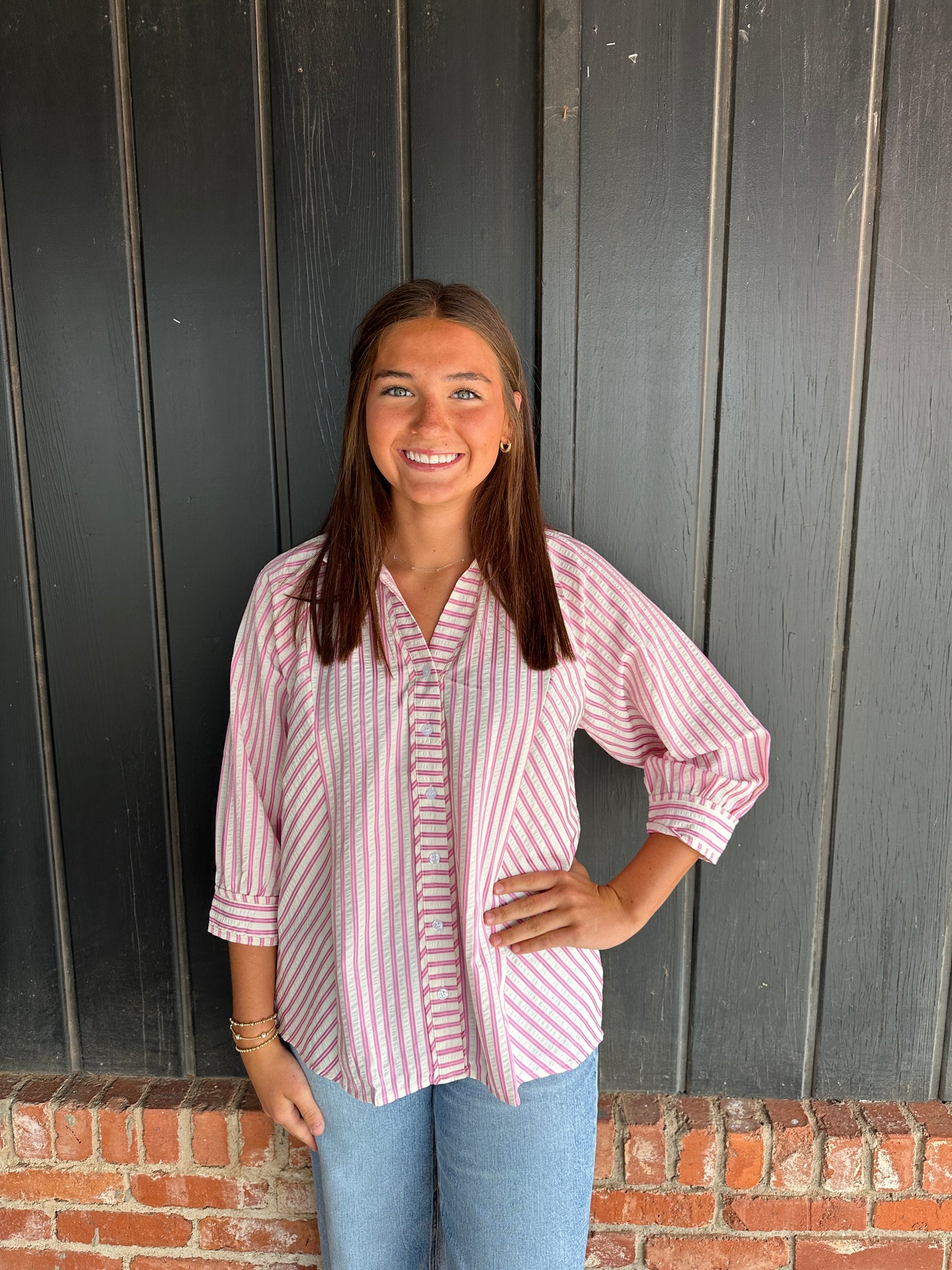Pink Striped V neck button down top