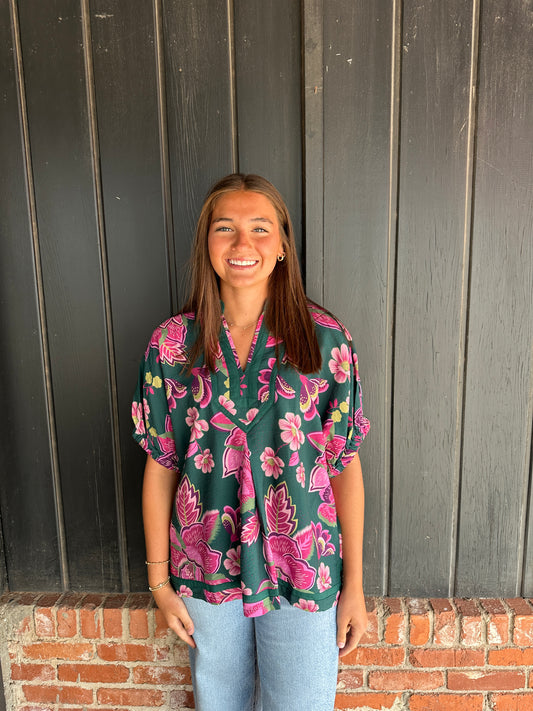 Green and pink floral relaxed fit top