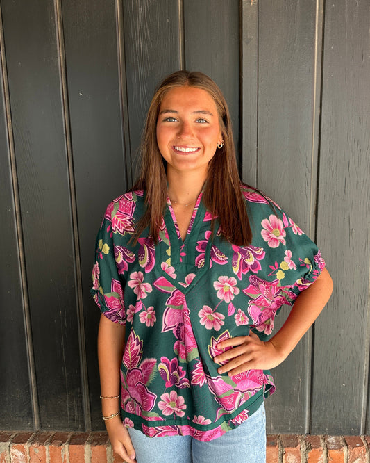 Green and pink floral relaxed fit top