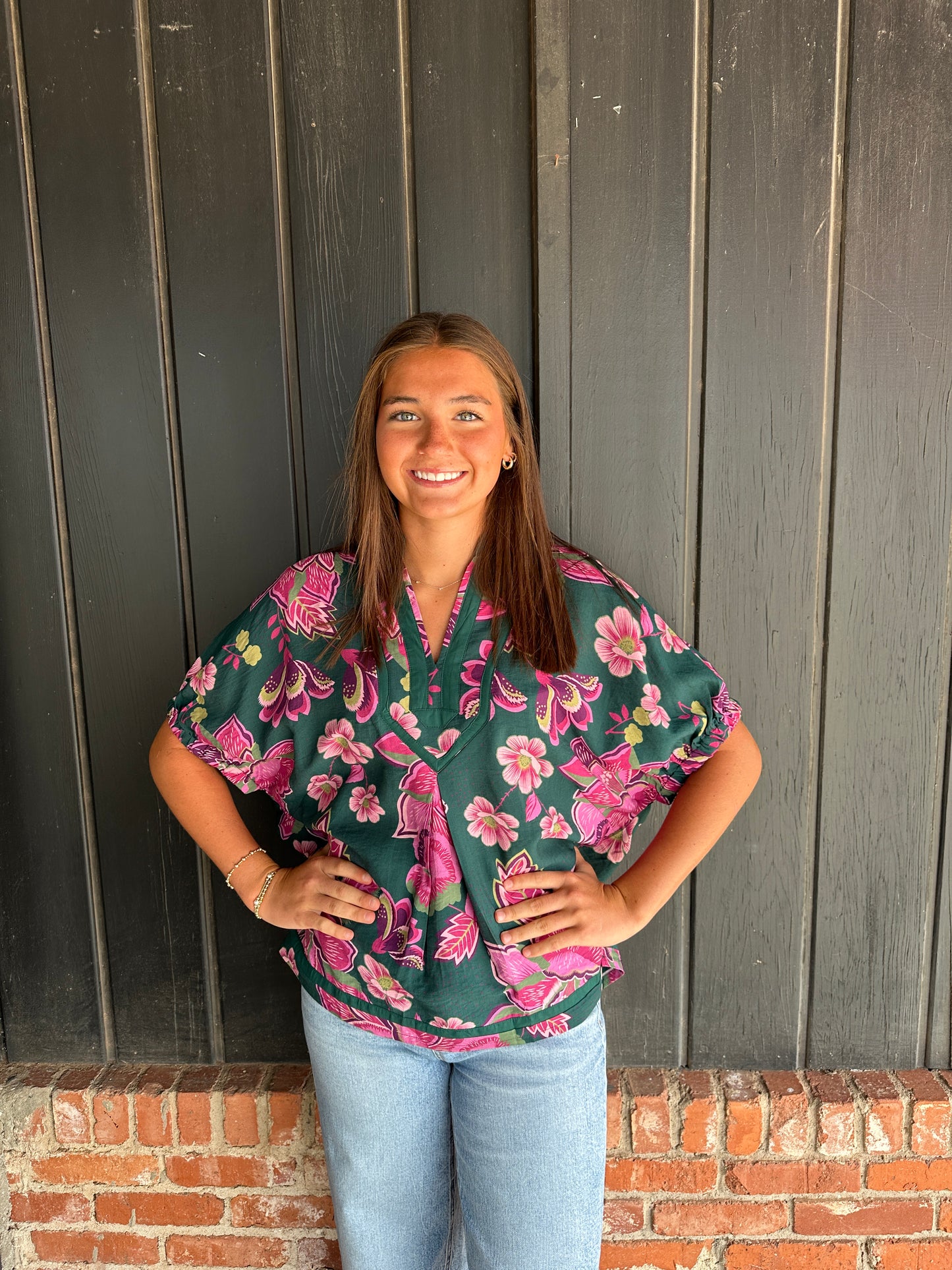 Green and pink floral relaxed fit top