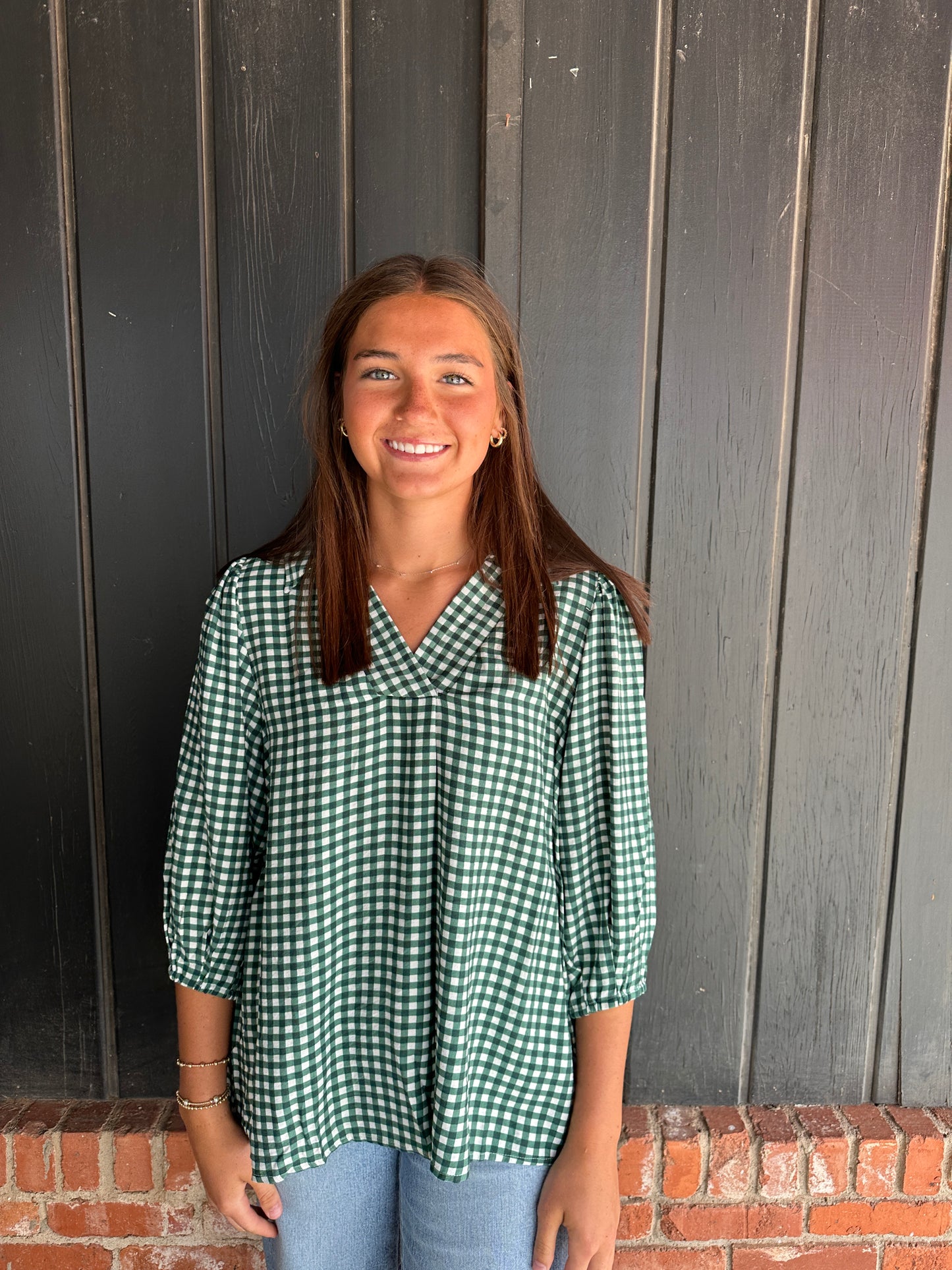Hunter green check top