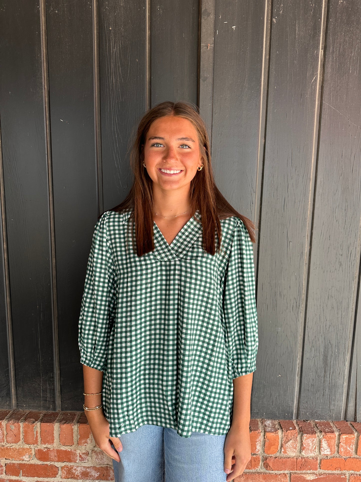 Hunter green check top
