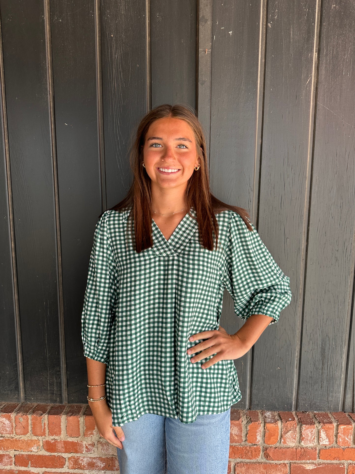 Hunter green check top