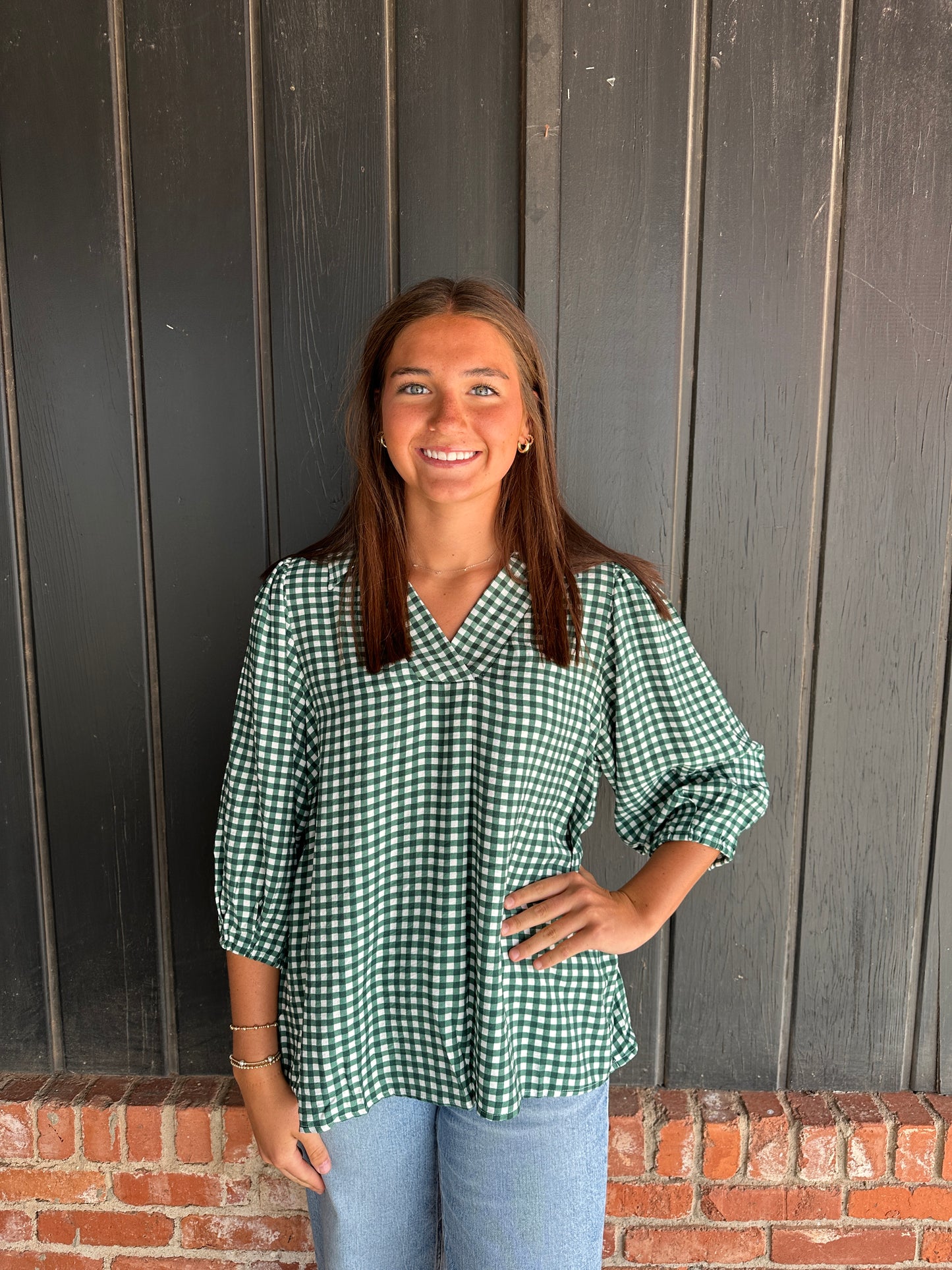 Hunter green check top