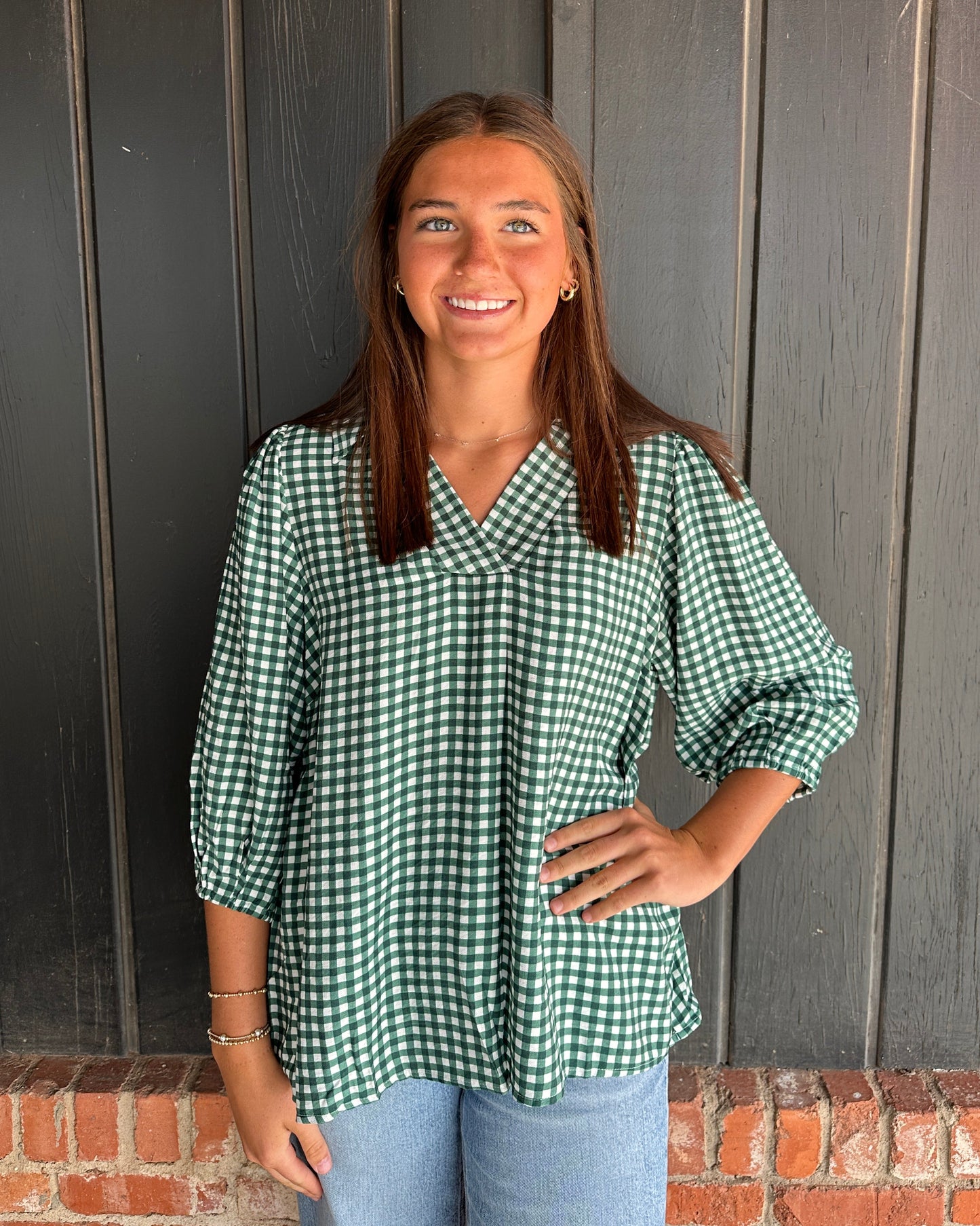 Hunter green check top