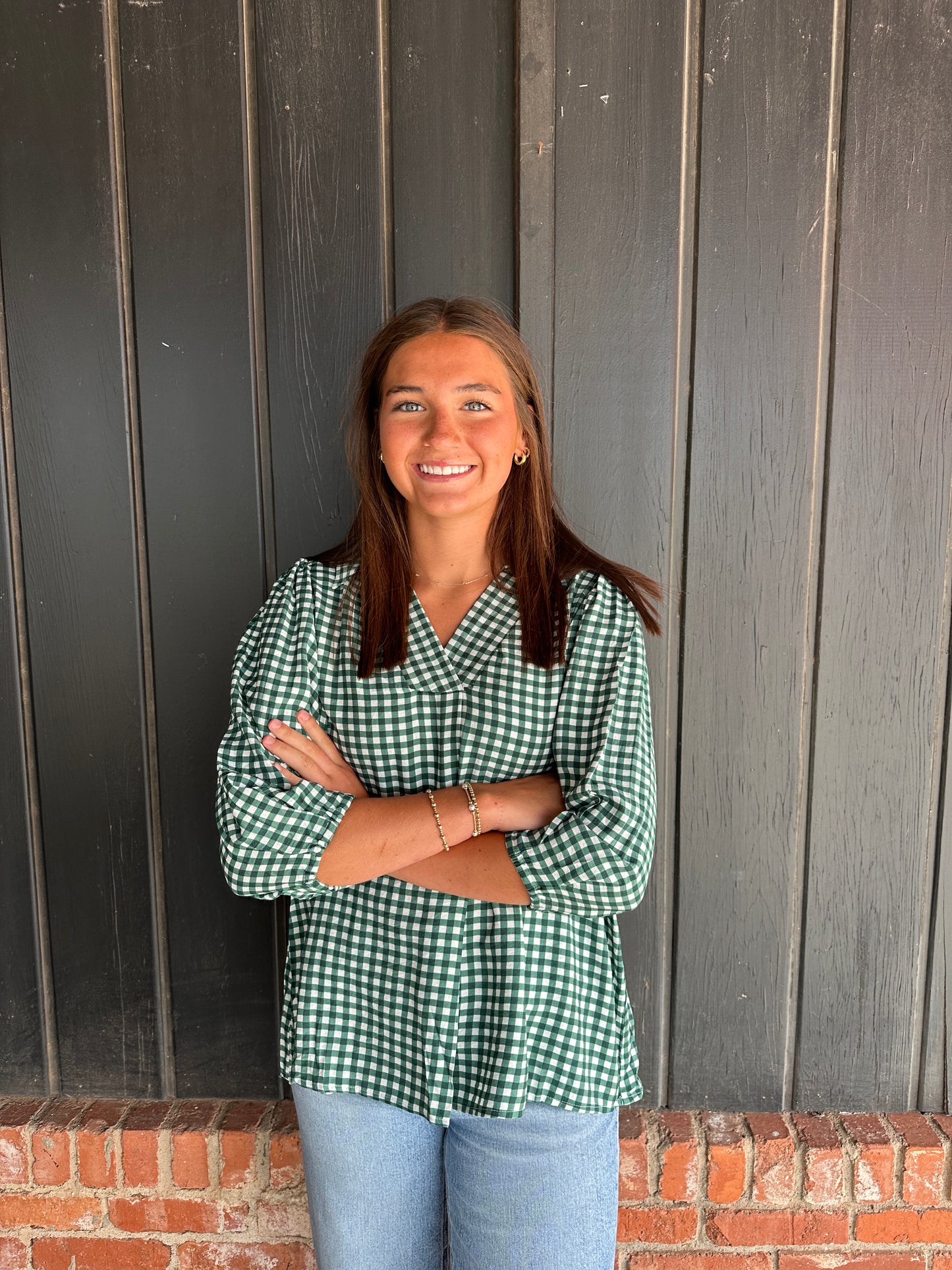 Hunter green check top