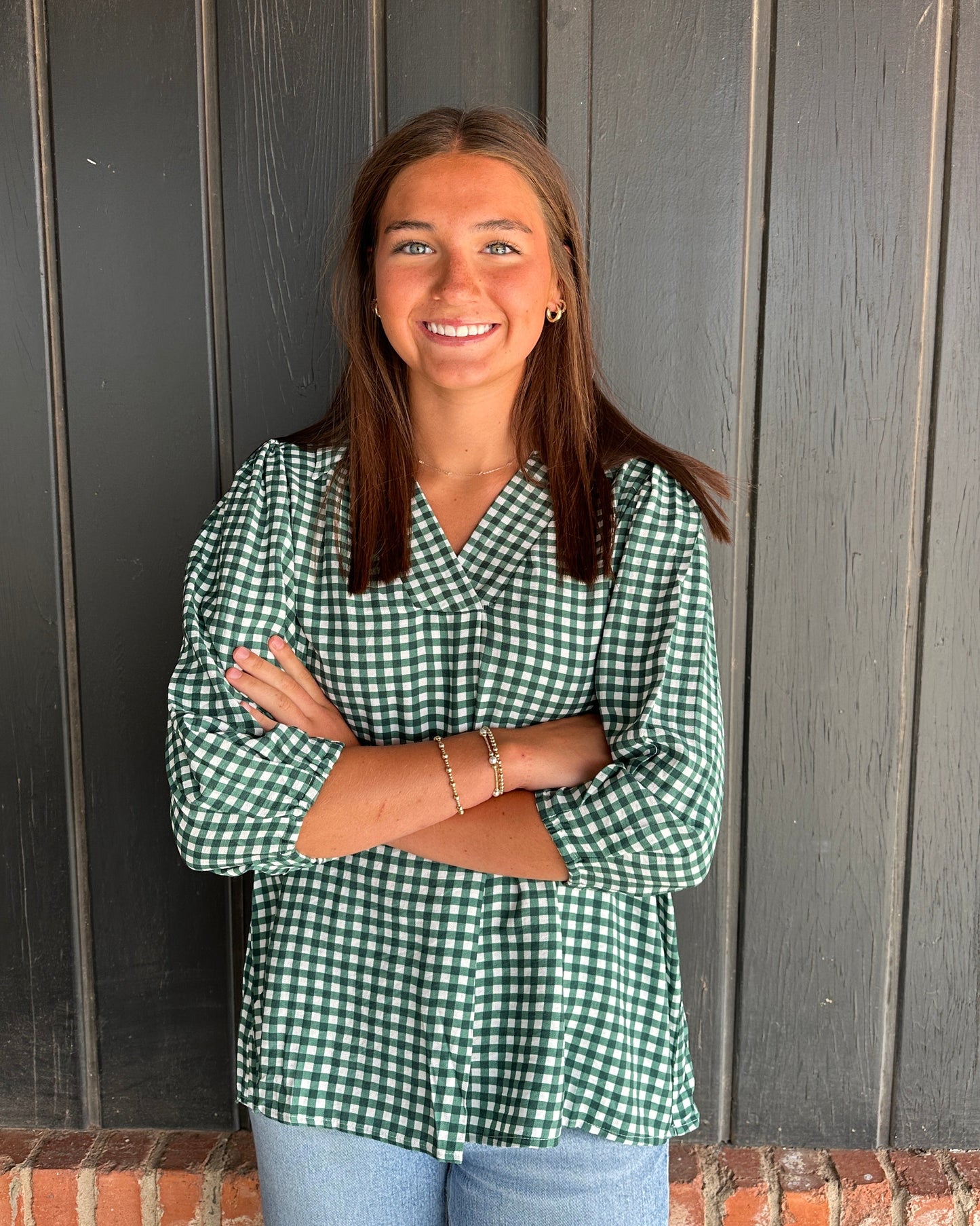 Hunter green check top
