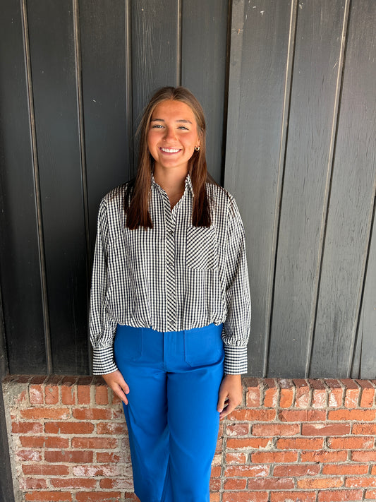 Navy gingham elasatic hem top