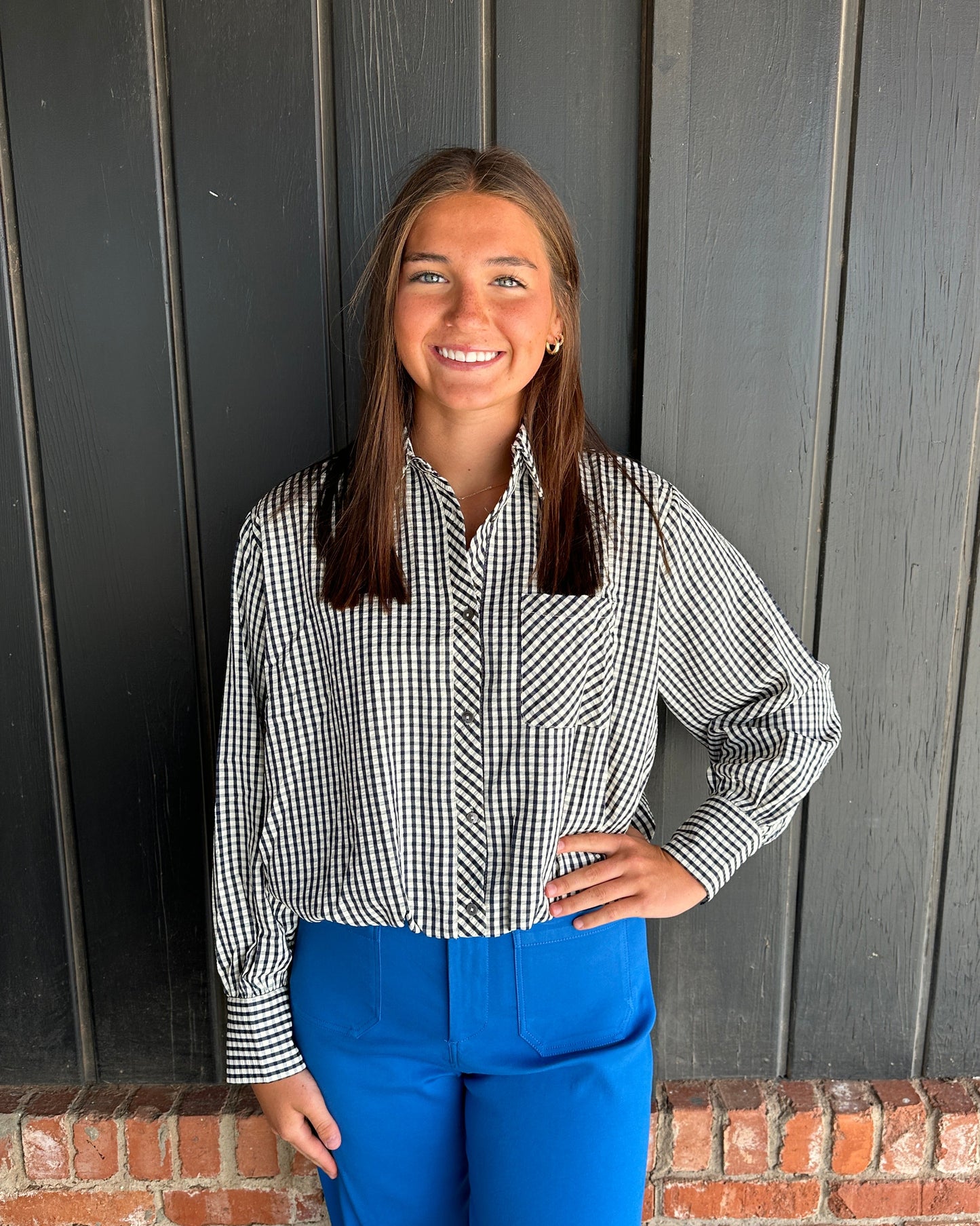 Navy gingham elasatic hem top
