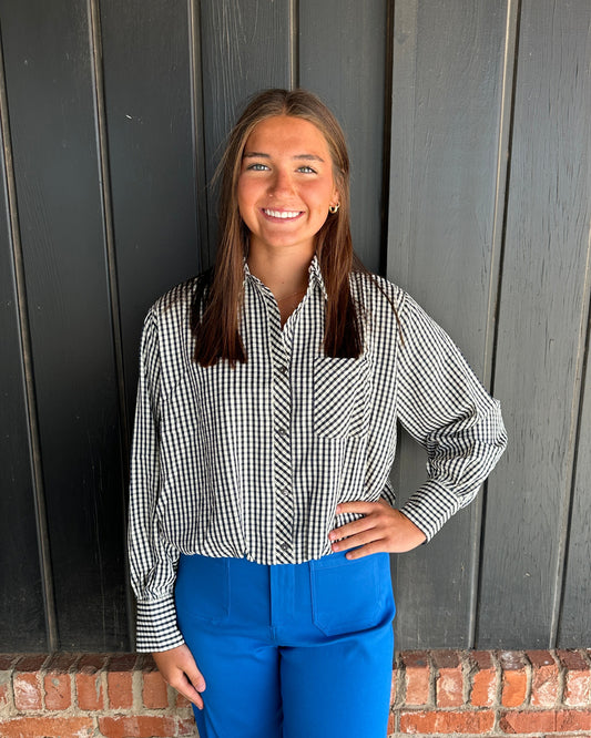 Navy gingham elasatic hem top