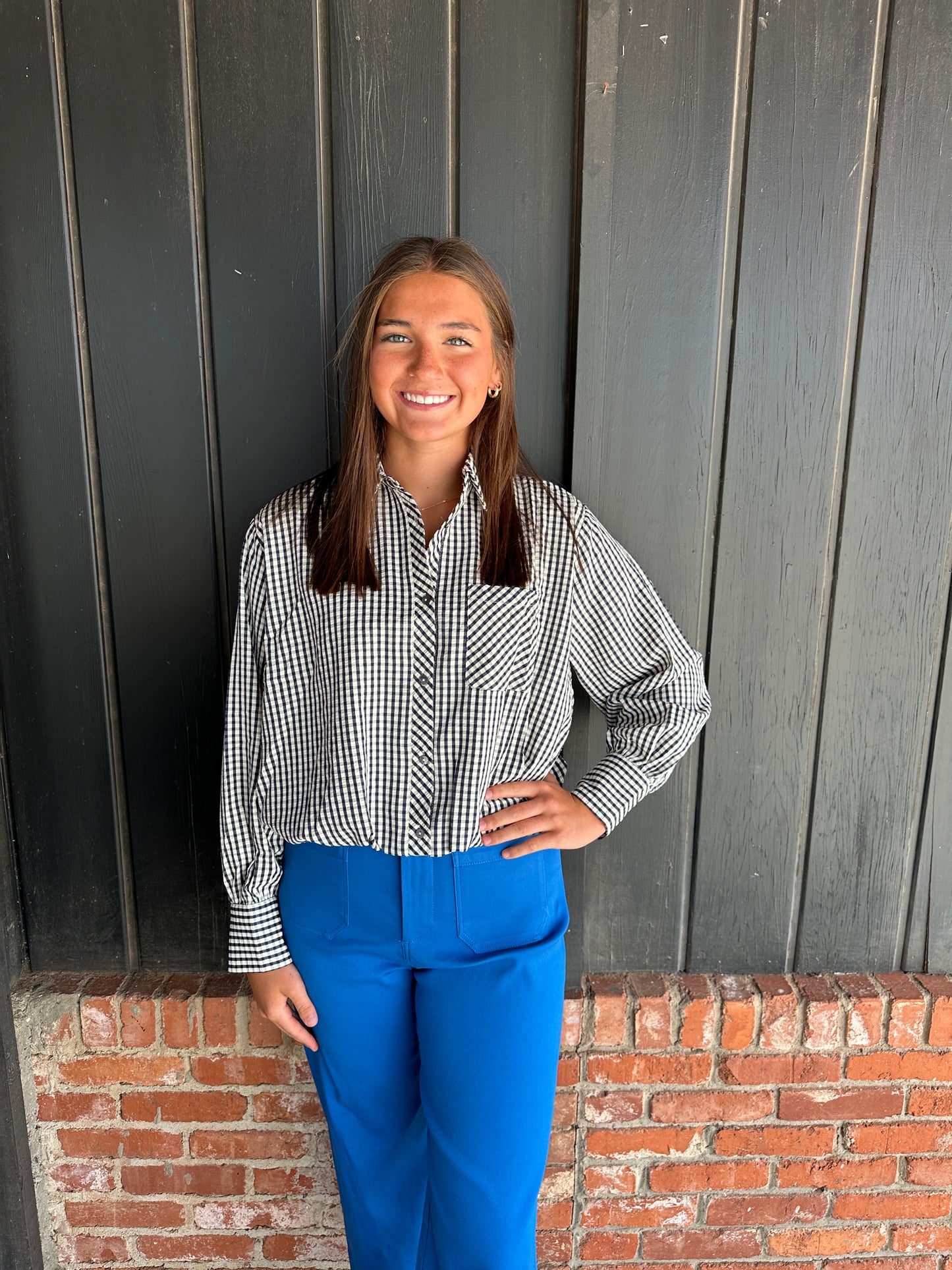 Navy gingham elasatic hem top