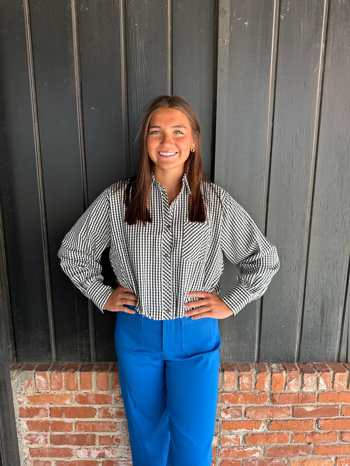 Navy gingham elasatic hem top