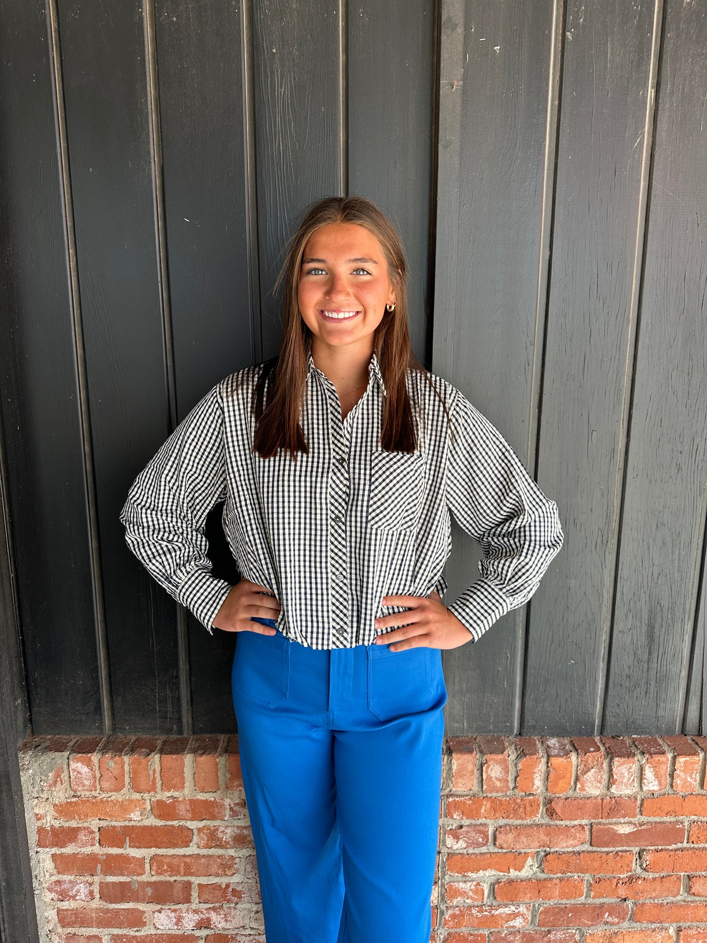 Navy gingham elasatic hem top