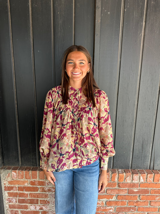 Burgundy paisley print bubble sleeve top