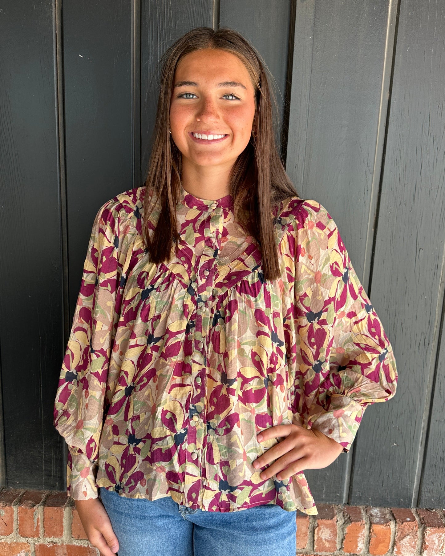 Burgundy paisley print bubble sleeve top