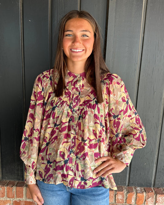 Burgundy paisley print bubble sleeve top
