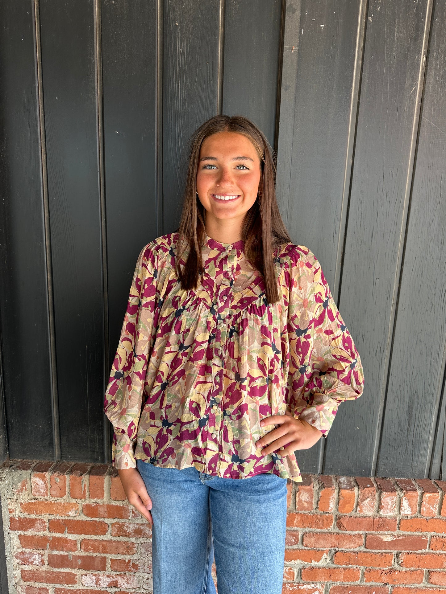 Burgundy paisley print bubble sleeve top