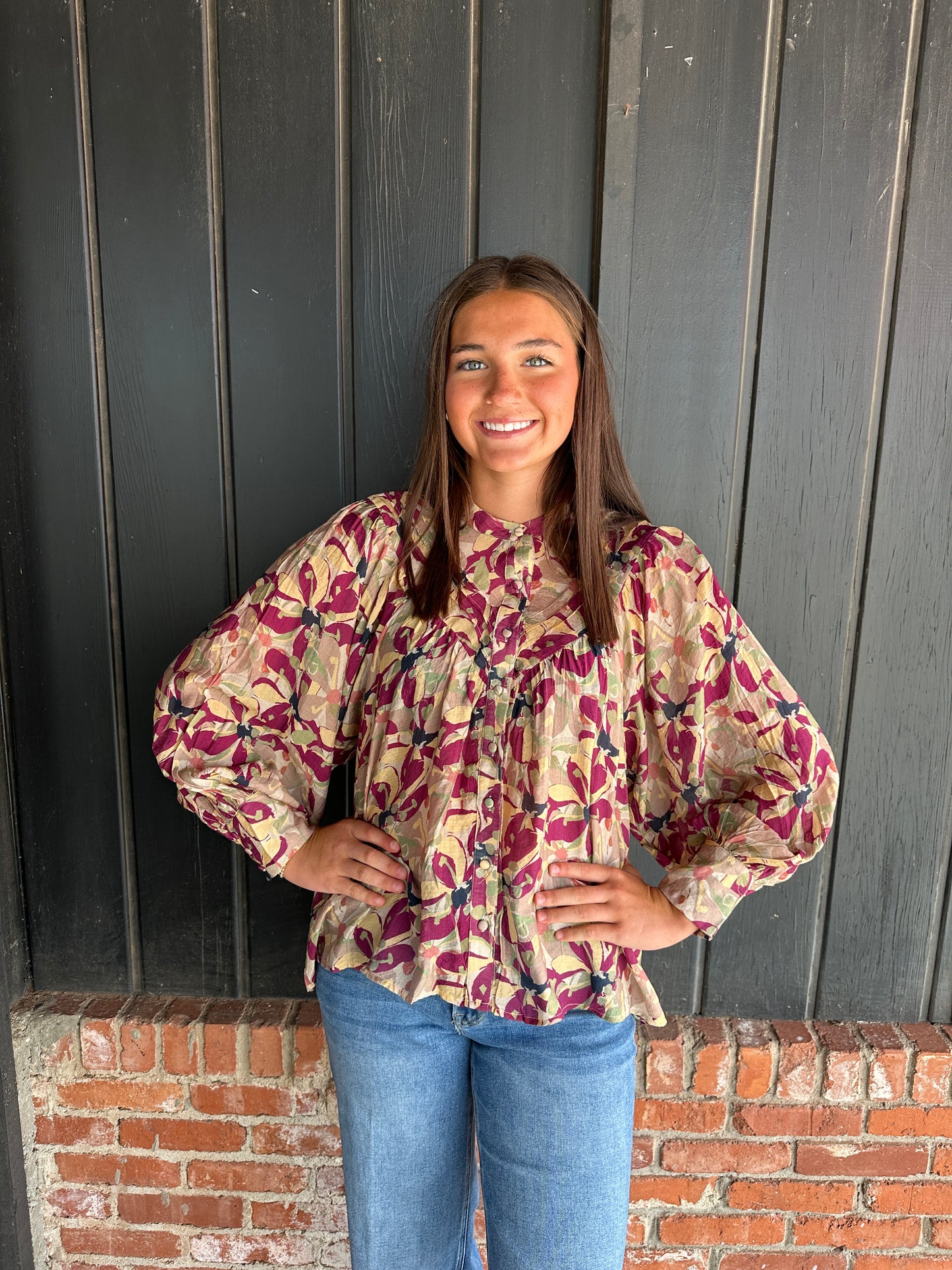 Burgundy paisley print bubble sleeve top