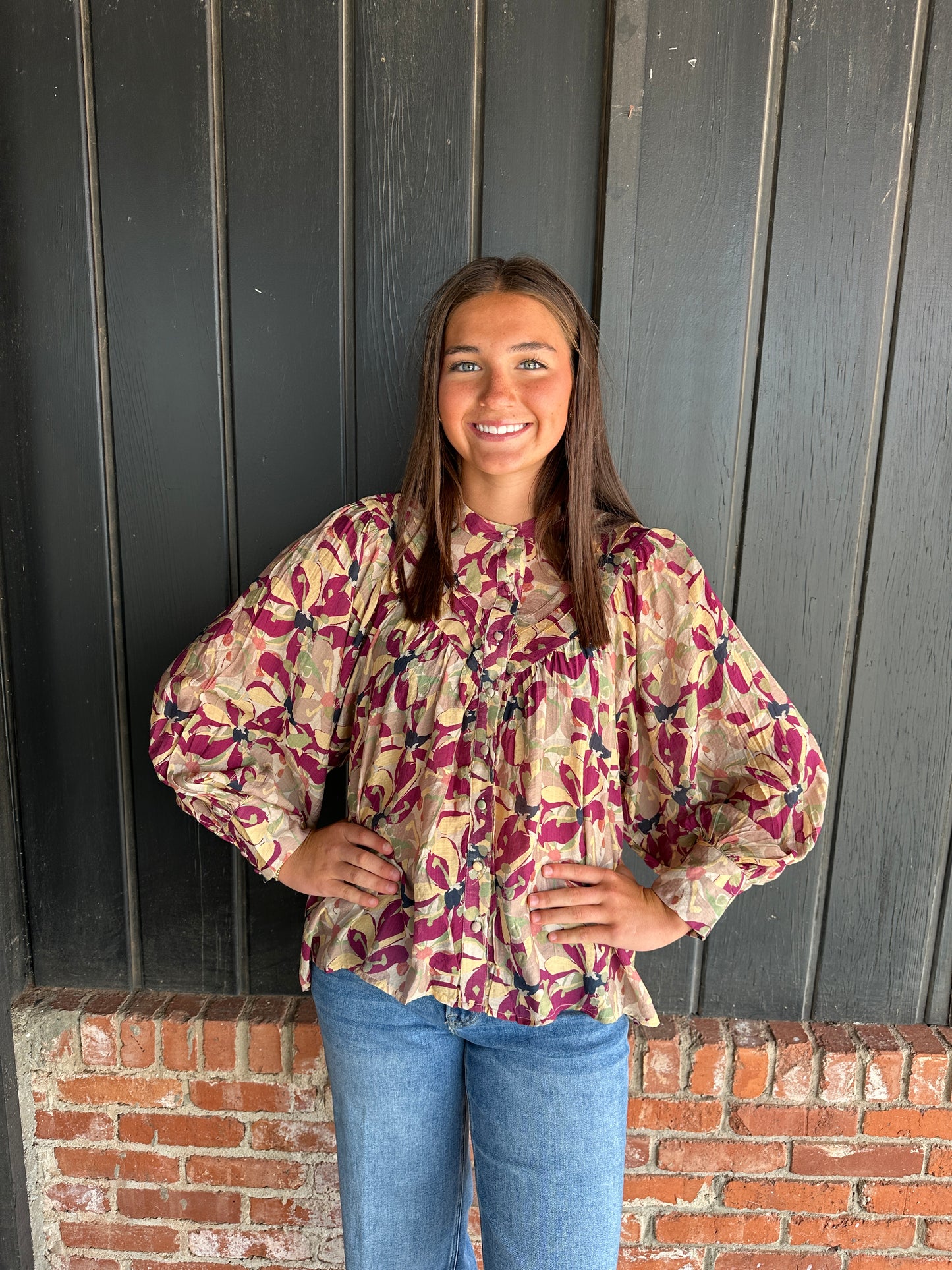 Burgundy paisley print bubble sleeve top