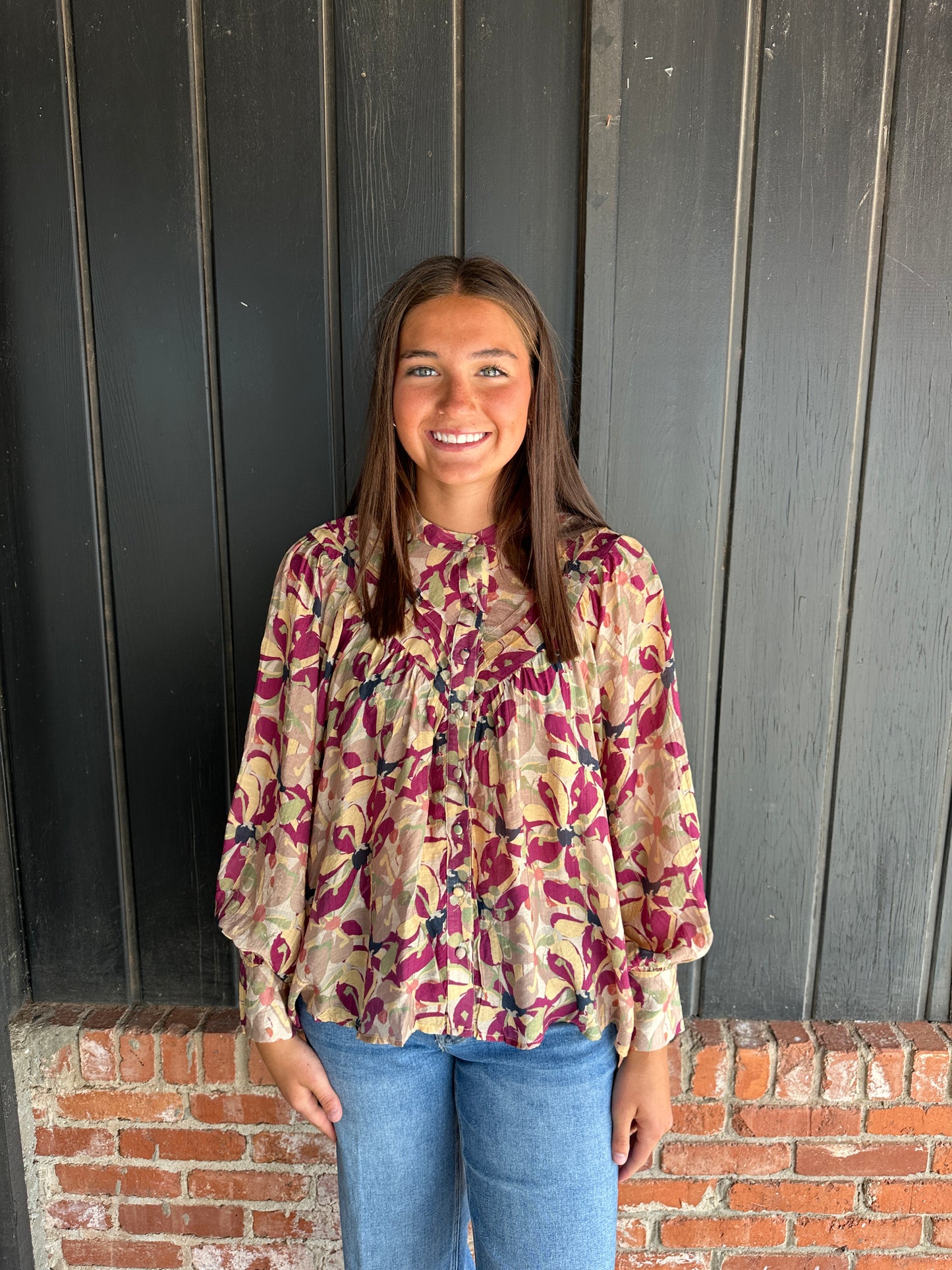 Burgundy paisley print bubble sleeve top