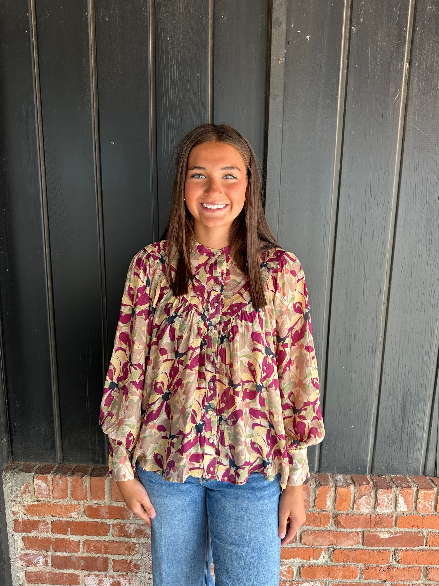 Burgundy paisley print bubble sleeve top