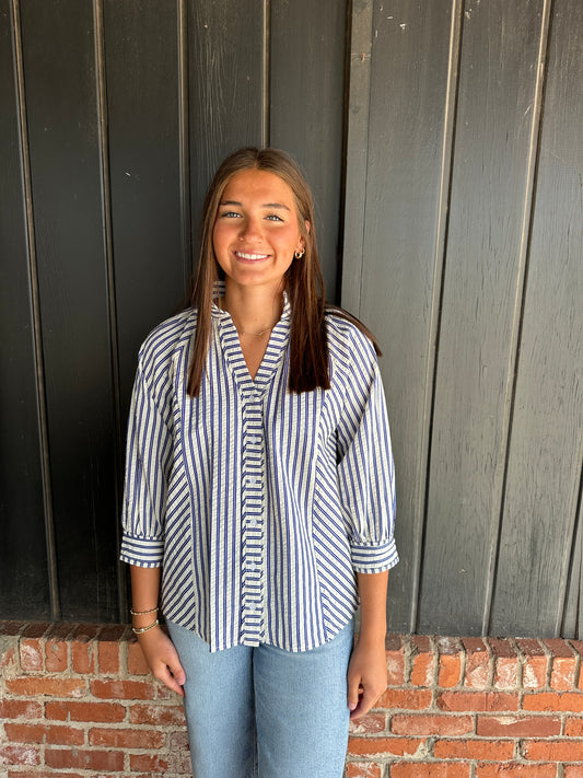 Navy Striped V Neck button down top