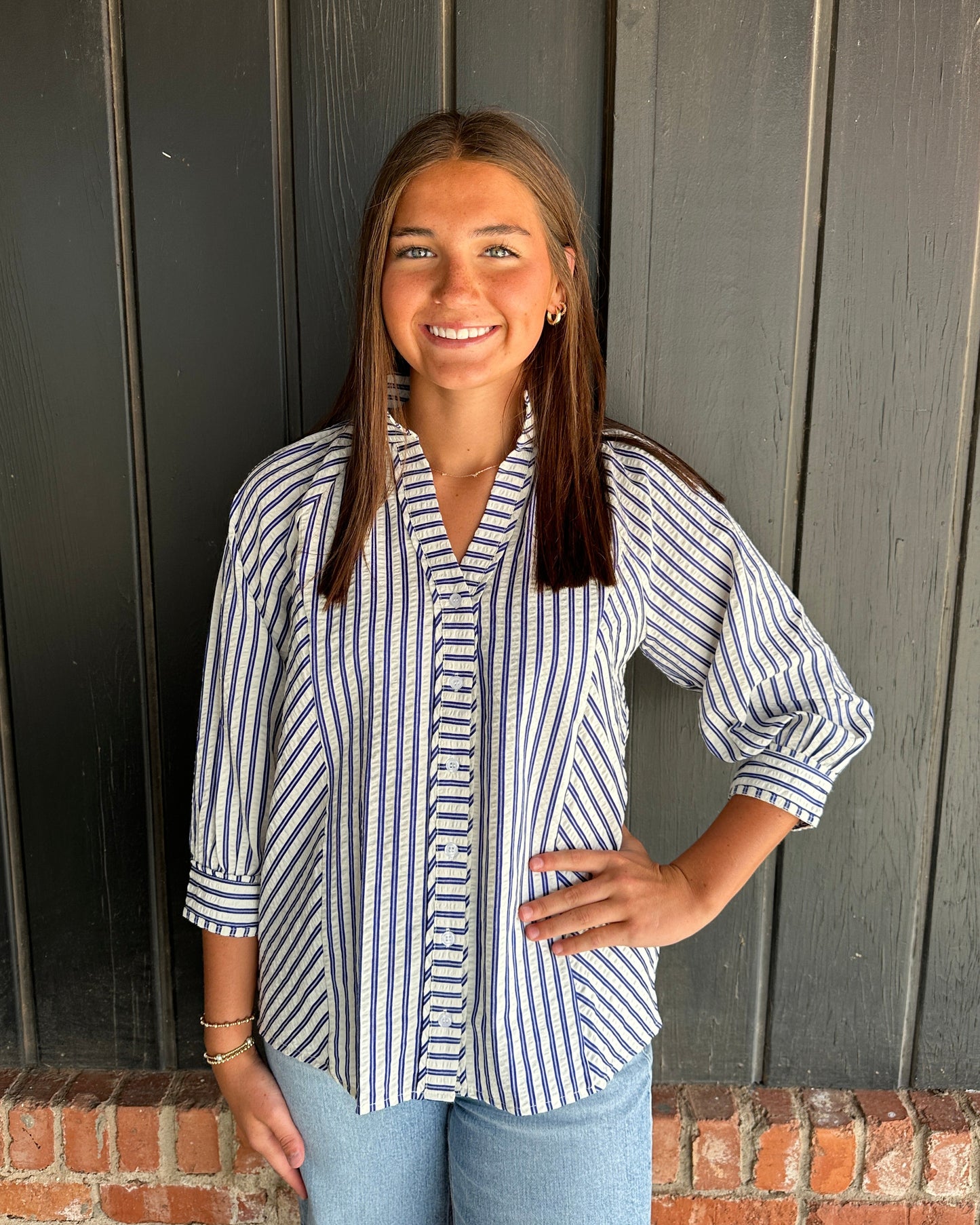 Navy Striped V Neck button down top
