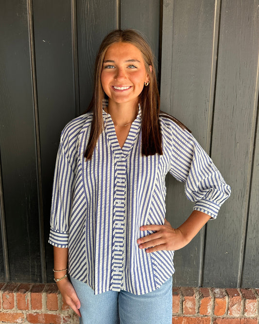Navy Striped V Neck button down top
