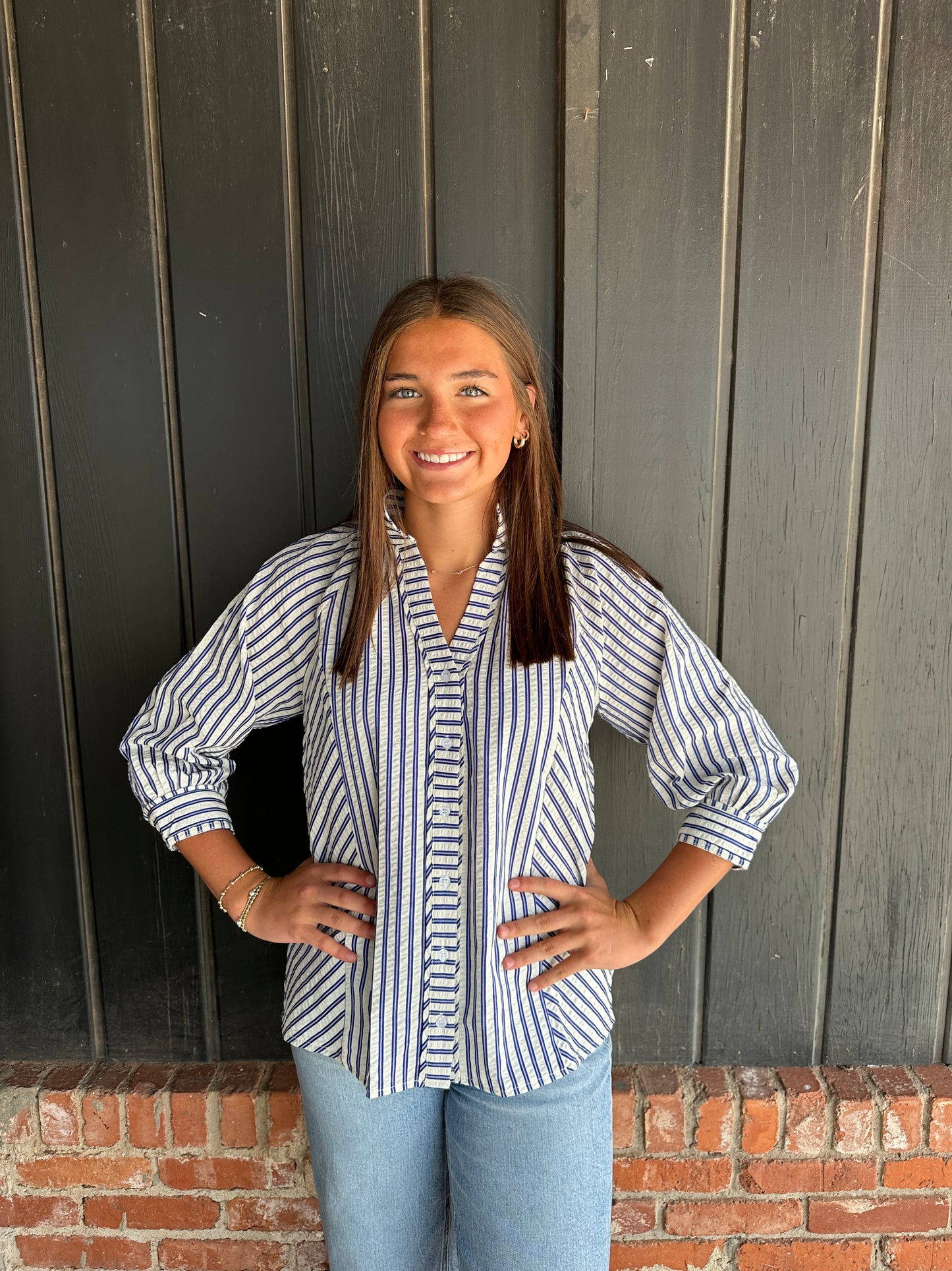 Navy Striped V Neck button down top