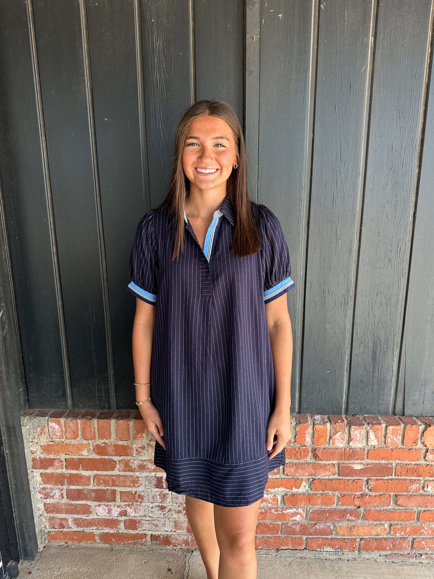 Navy linen striped polo dress