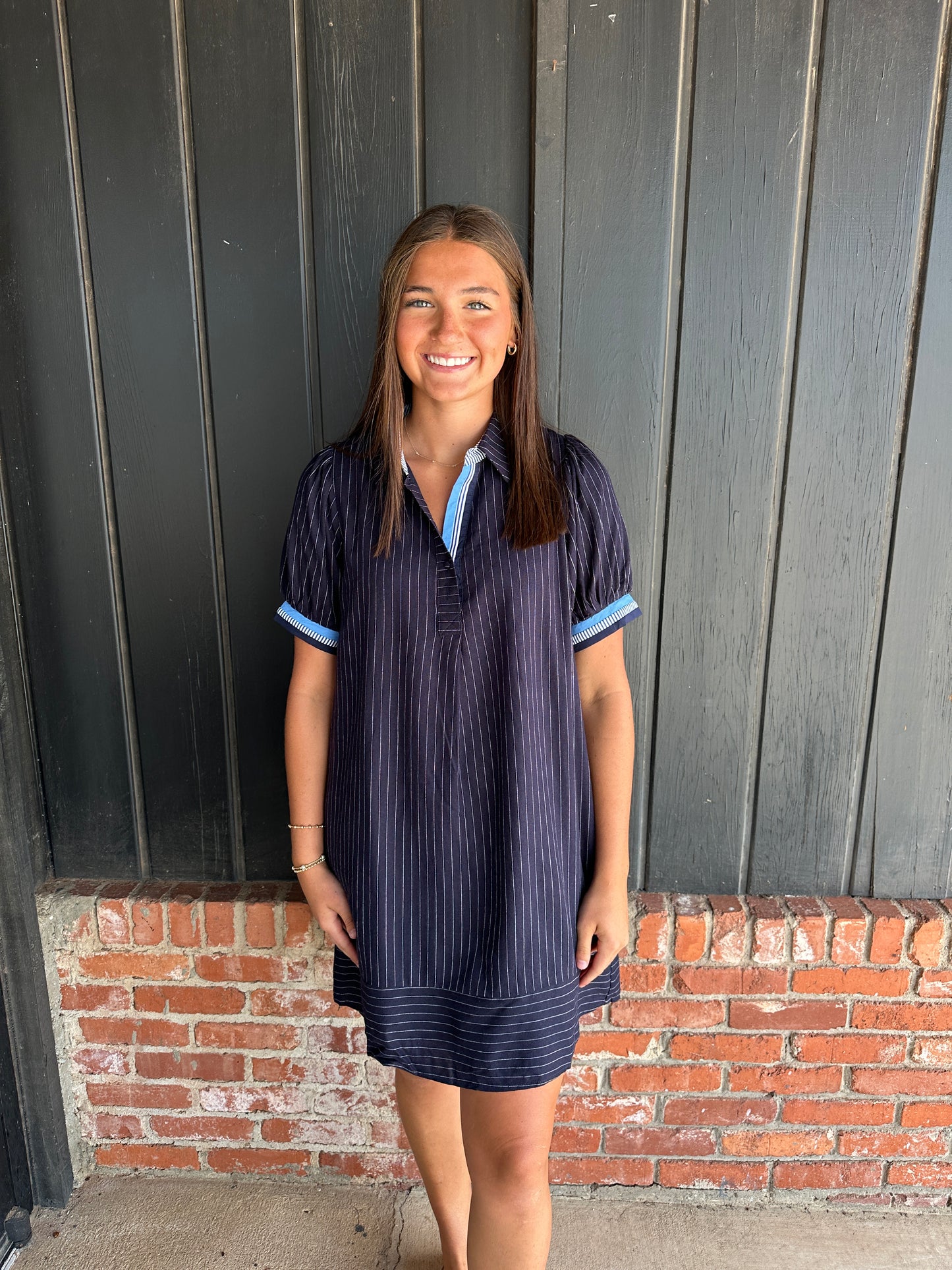 Navy linen striped polo dress