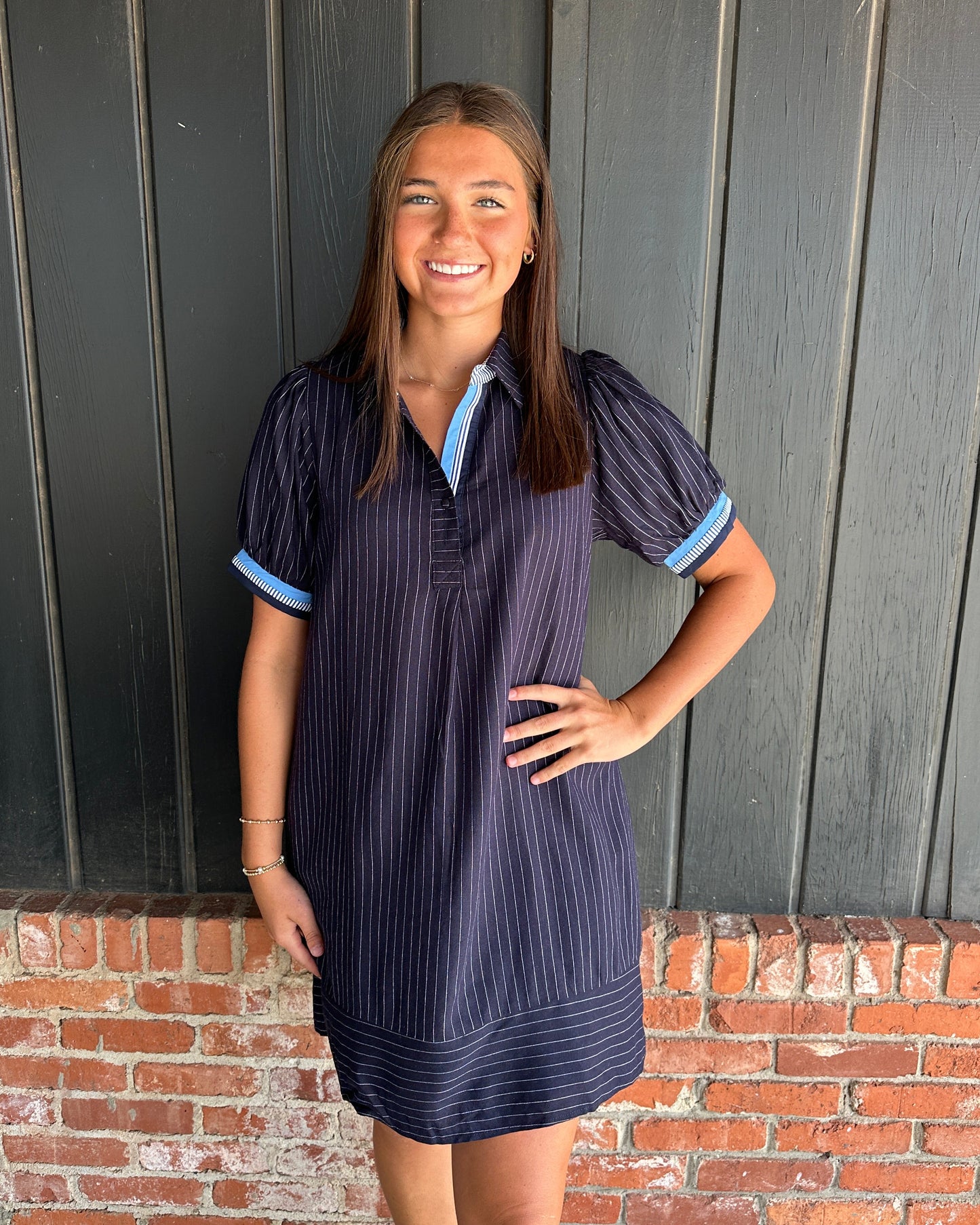 Navy linen striped polo dress