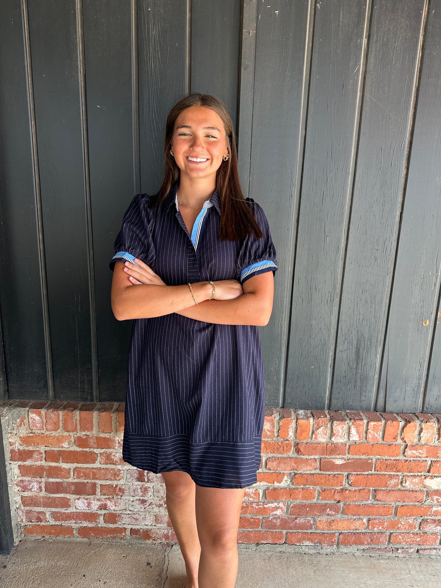 Navy linen striped polo dress